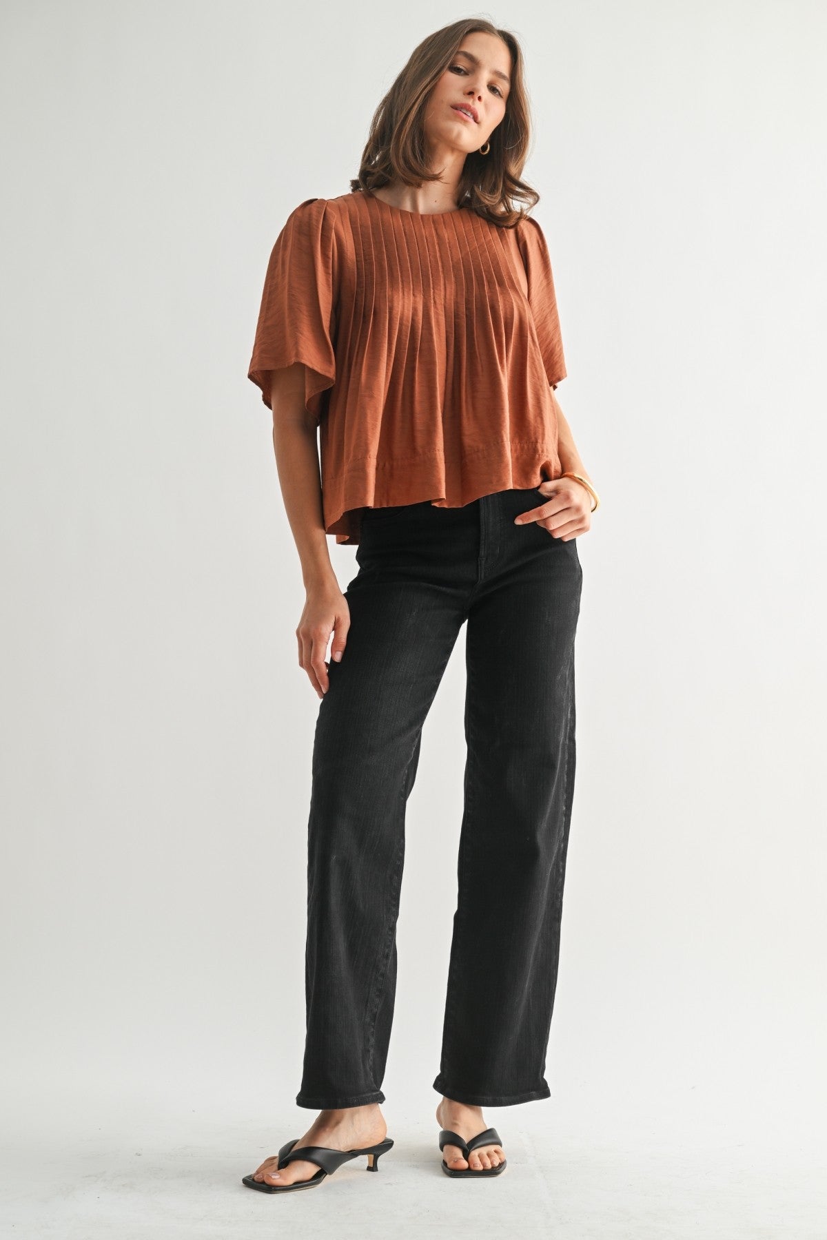 Pintuck Short Sleeve Blouse in Clay