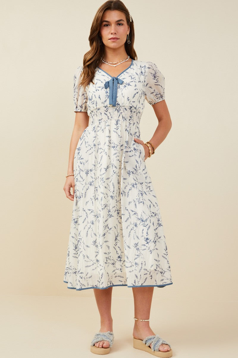 Womens Bow Detail Smocked Waist Floral Dress