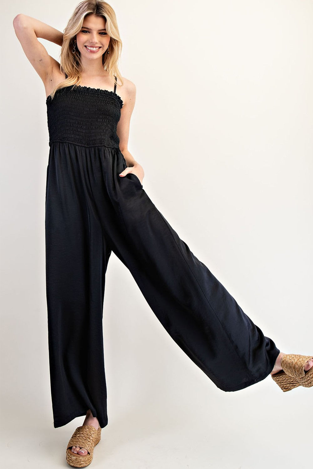Satin Black Smocked Jumpsuit