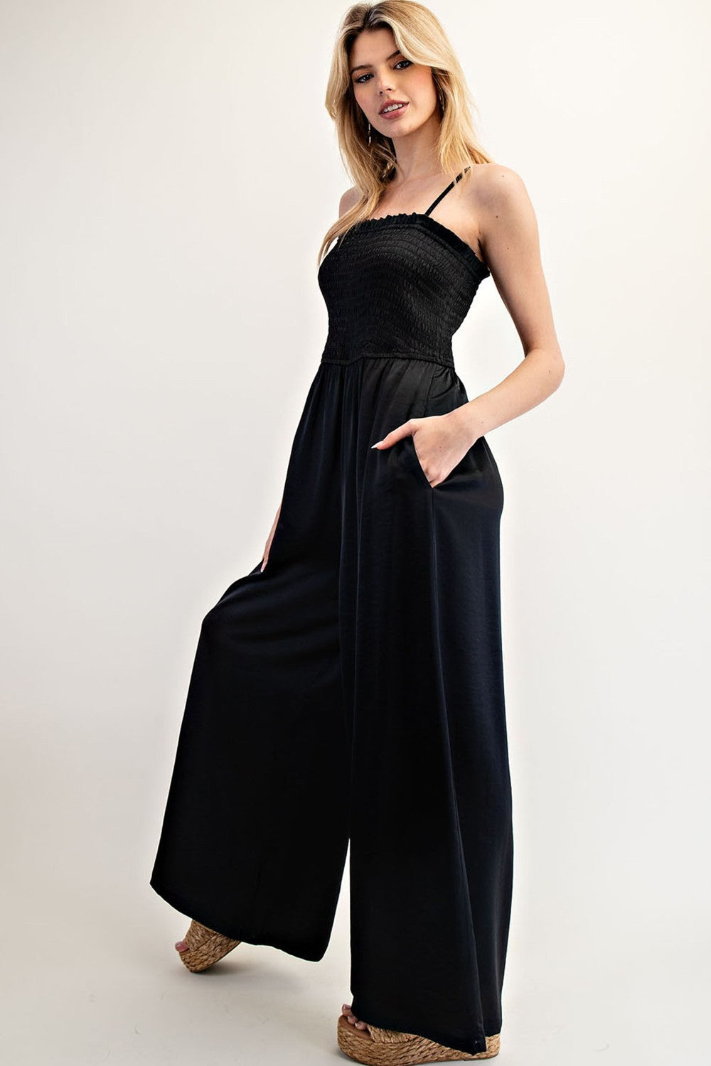 Satin Black Smocked Jumpsuit