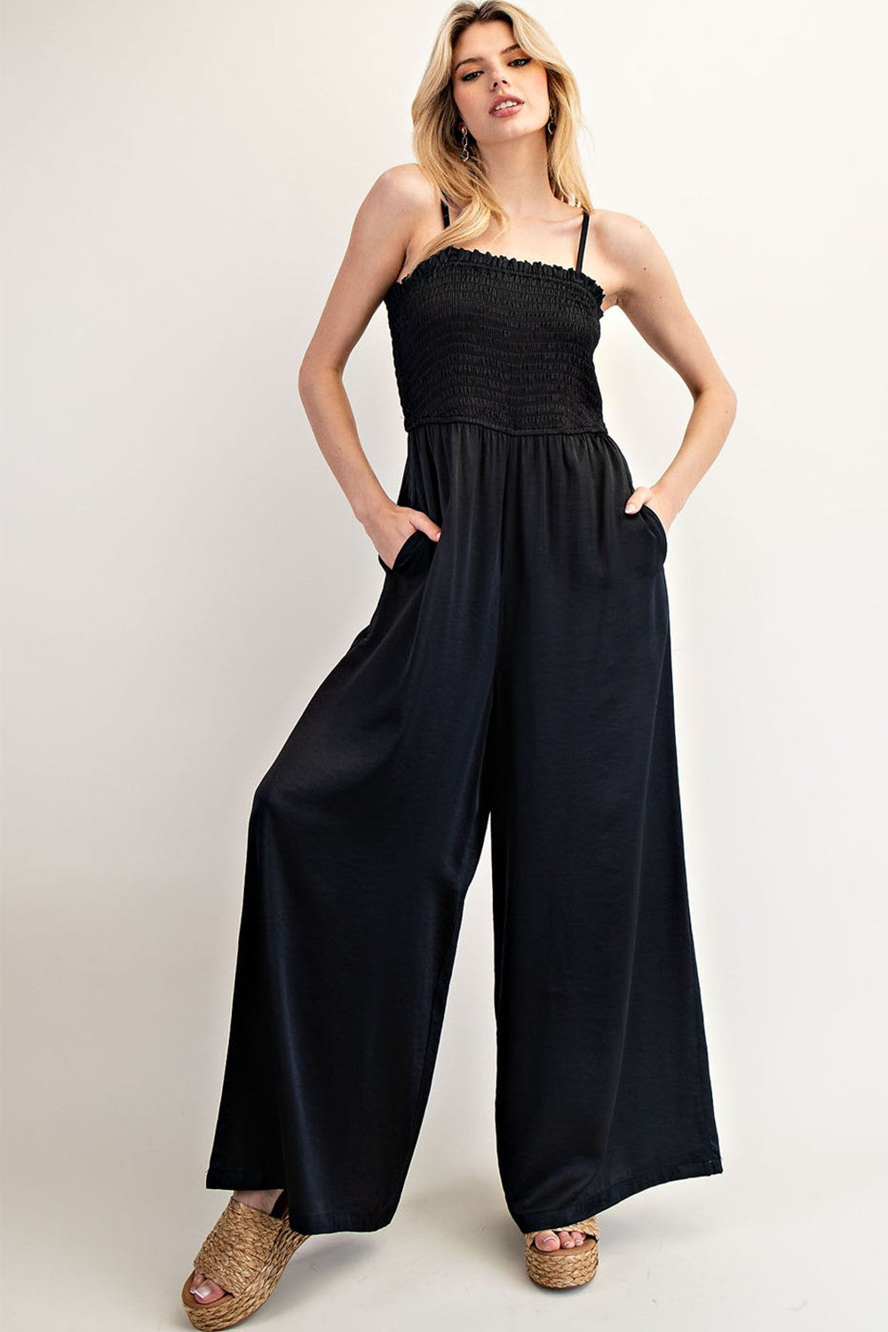 Satin Black Smocked Jumpsuit