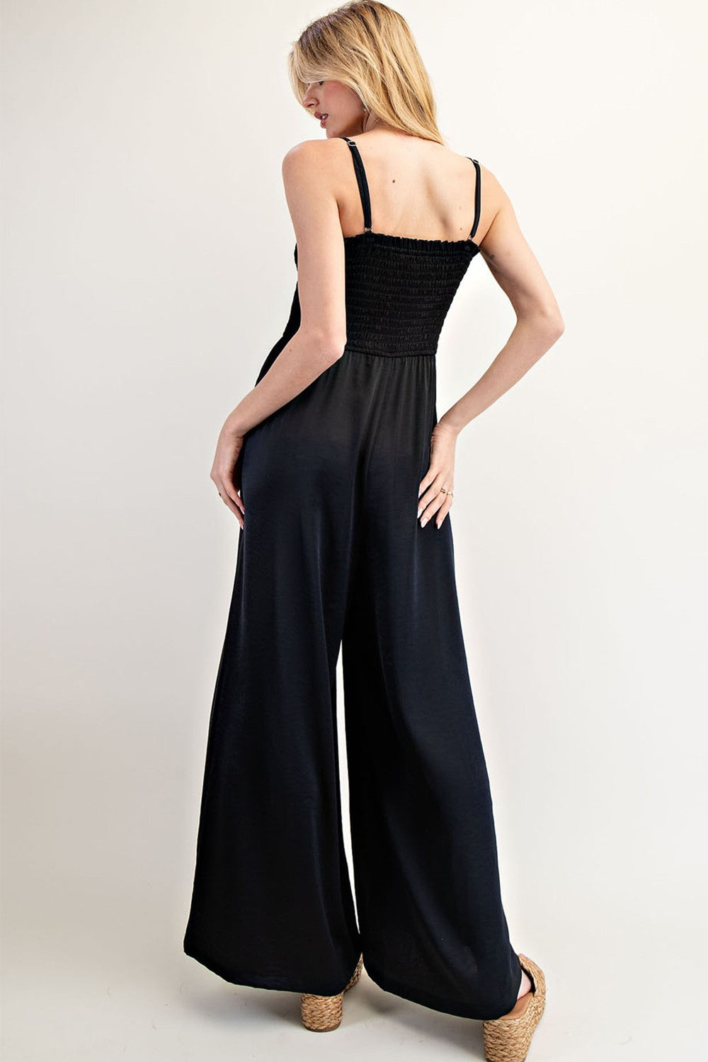 Satin Black Smocked Jumpsuit