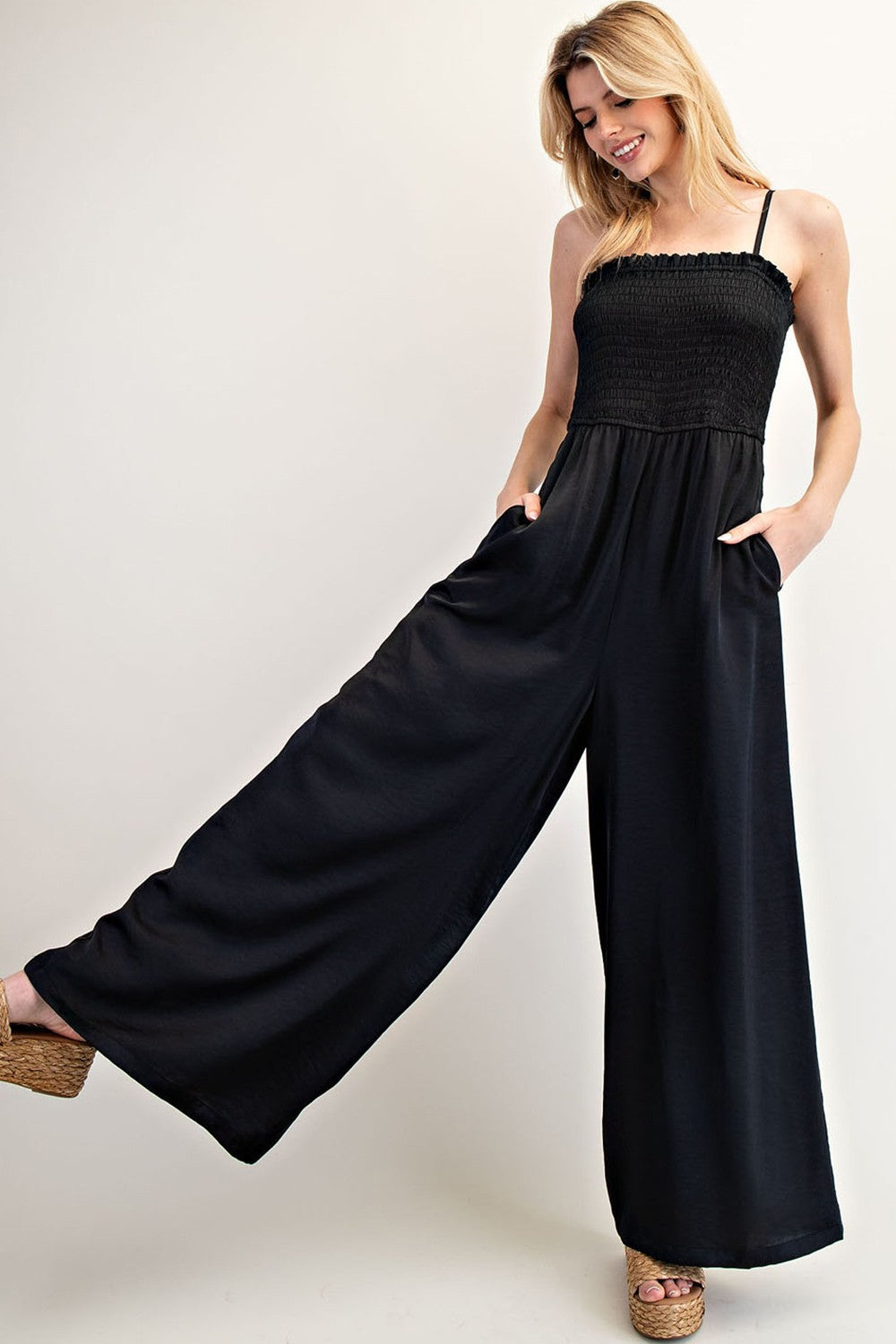 Satin Black Smocked Jumpsuit