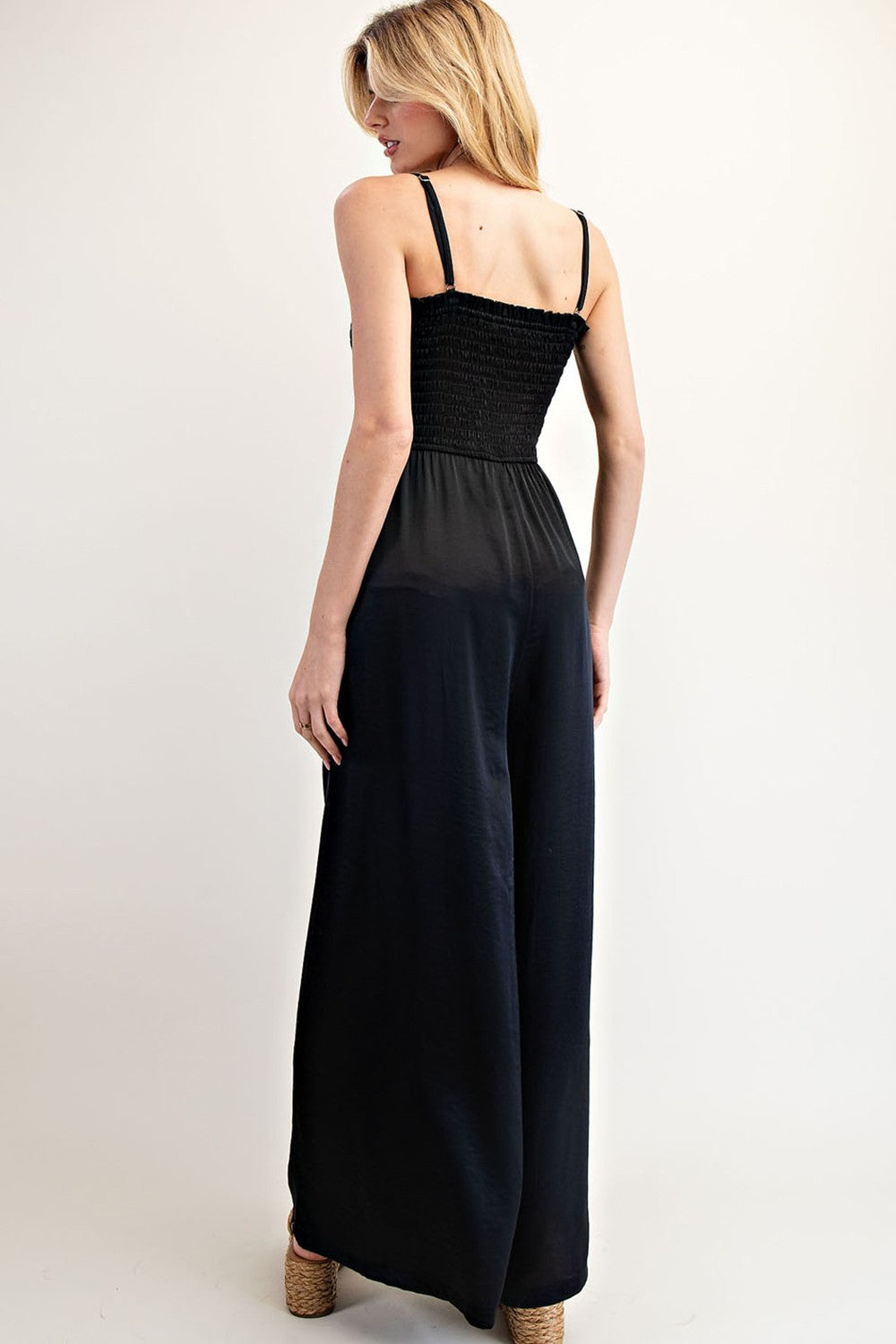 Satin Black Smocked Jumpsuit