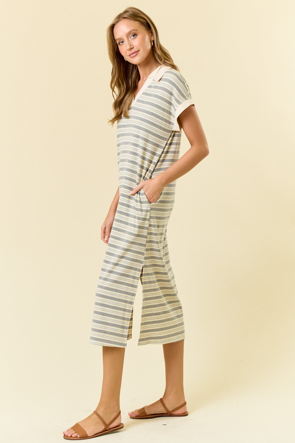 Striped Midi Dress W/ Side Pockets & Slit