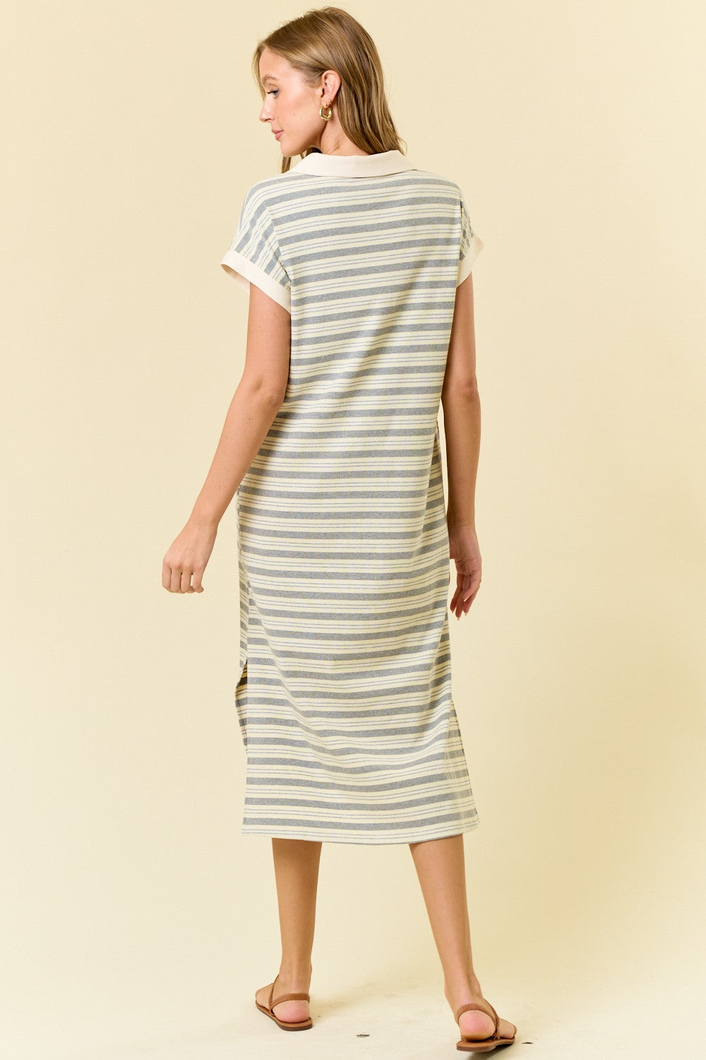 Striped Midi Dress W/ Side Pockets & Slit