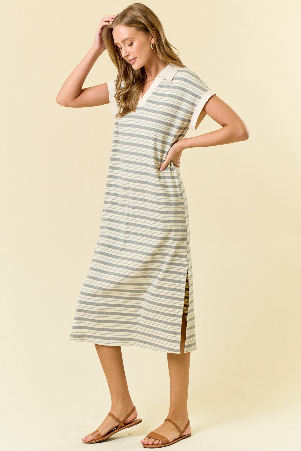 Striped Midi Dress W/ Side Pockets & Slit