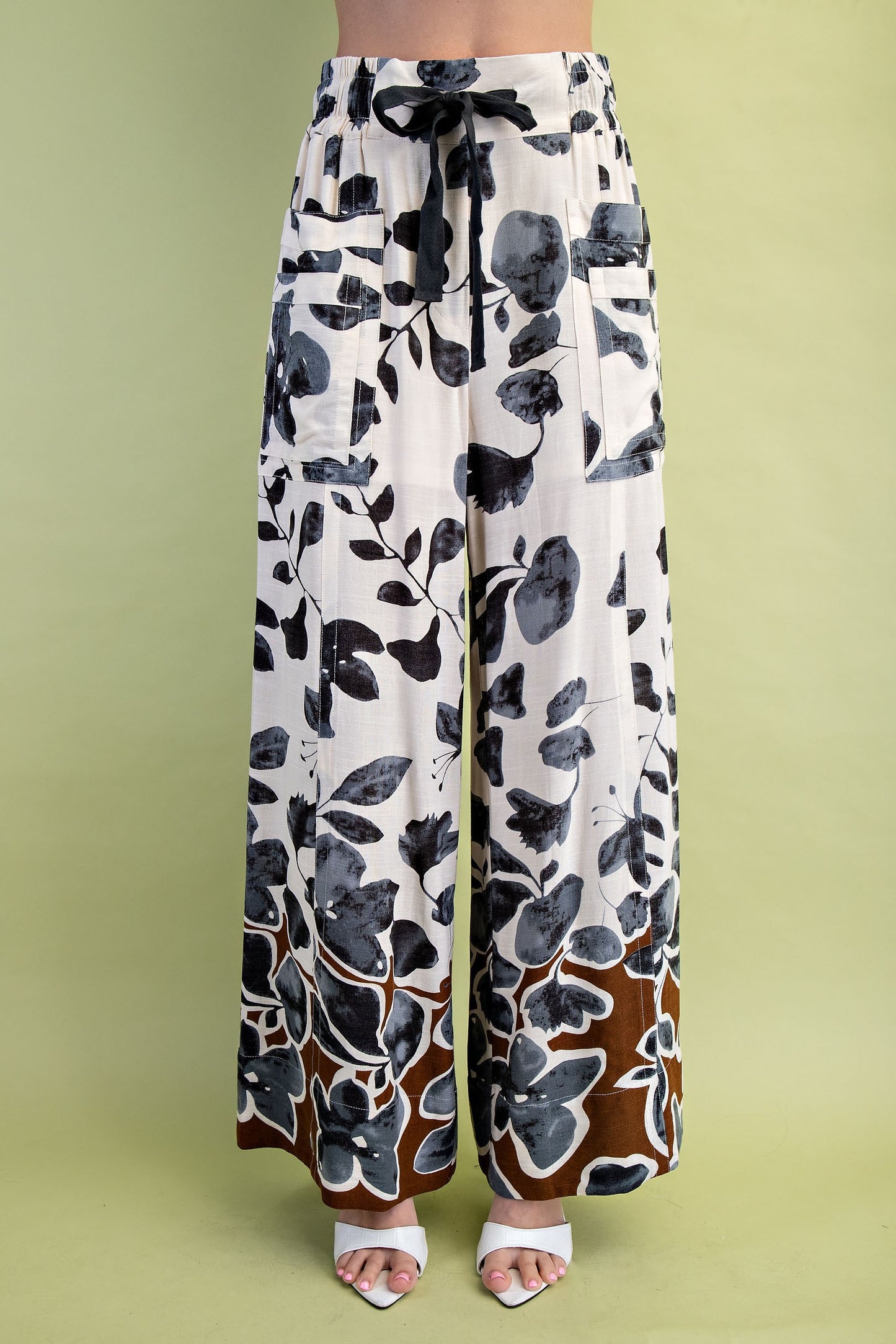 Leaf Print Wide Leg Pants