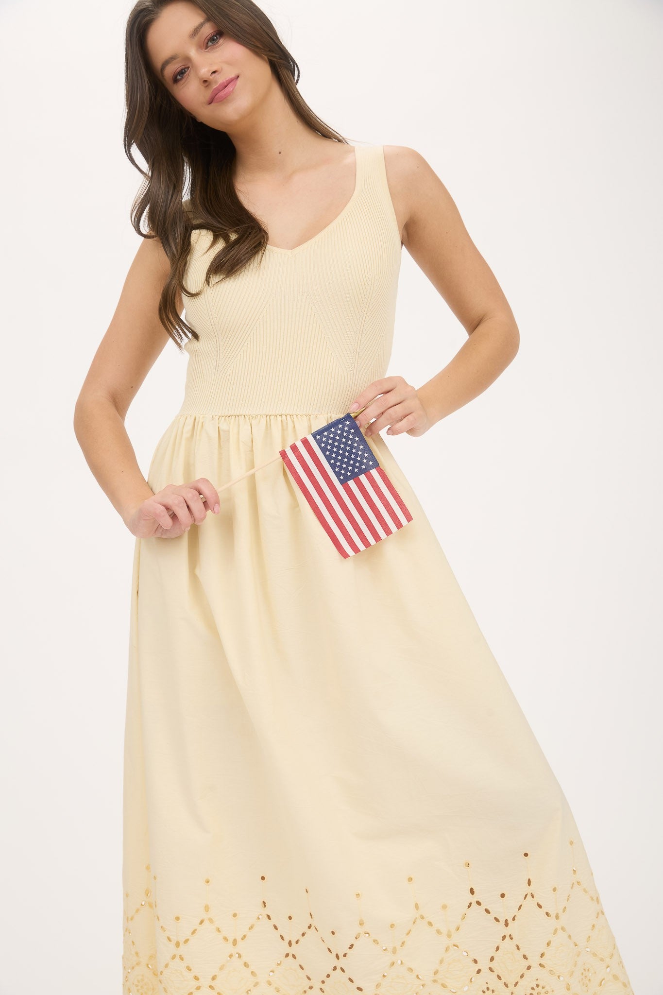 Eyelet Hem Detail Mix Media Tank Midi Dress