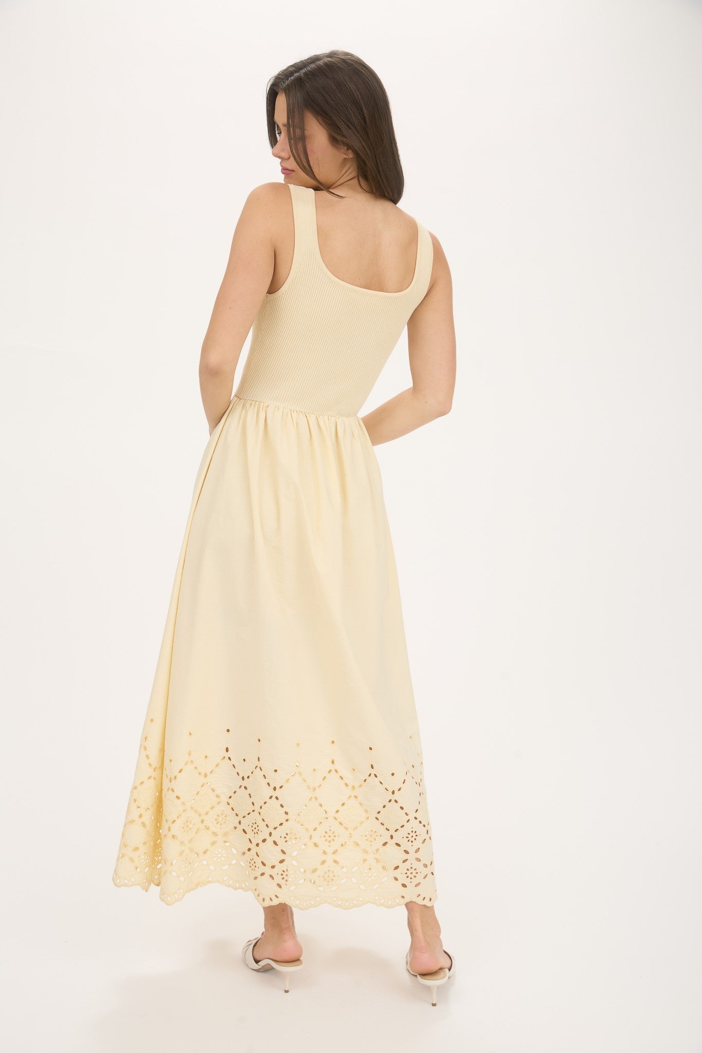Eyelet Hem Detail Mix Media Tank Midi Dress