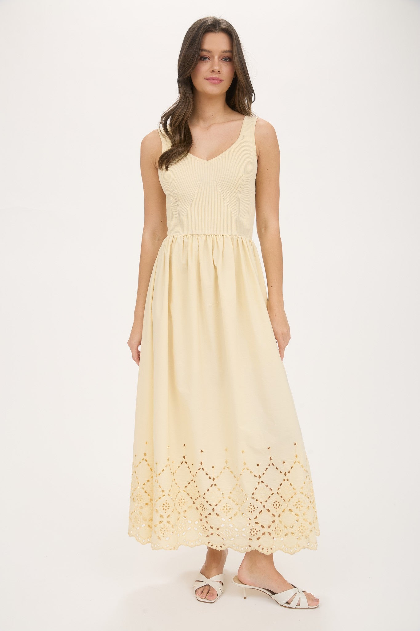 Eyelet Hem Detail Mix Media Tank Midi Dress