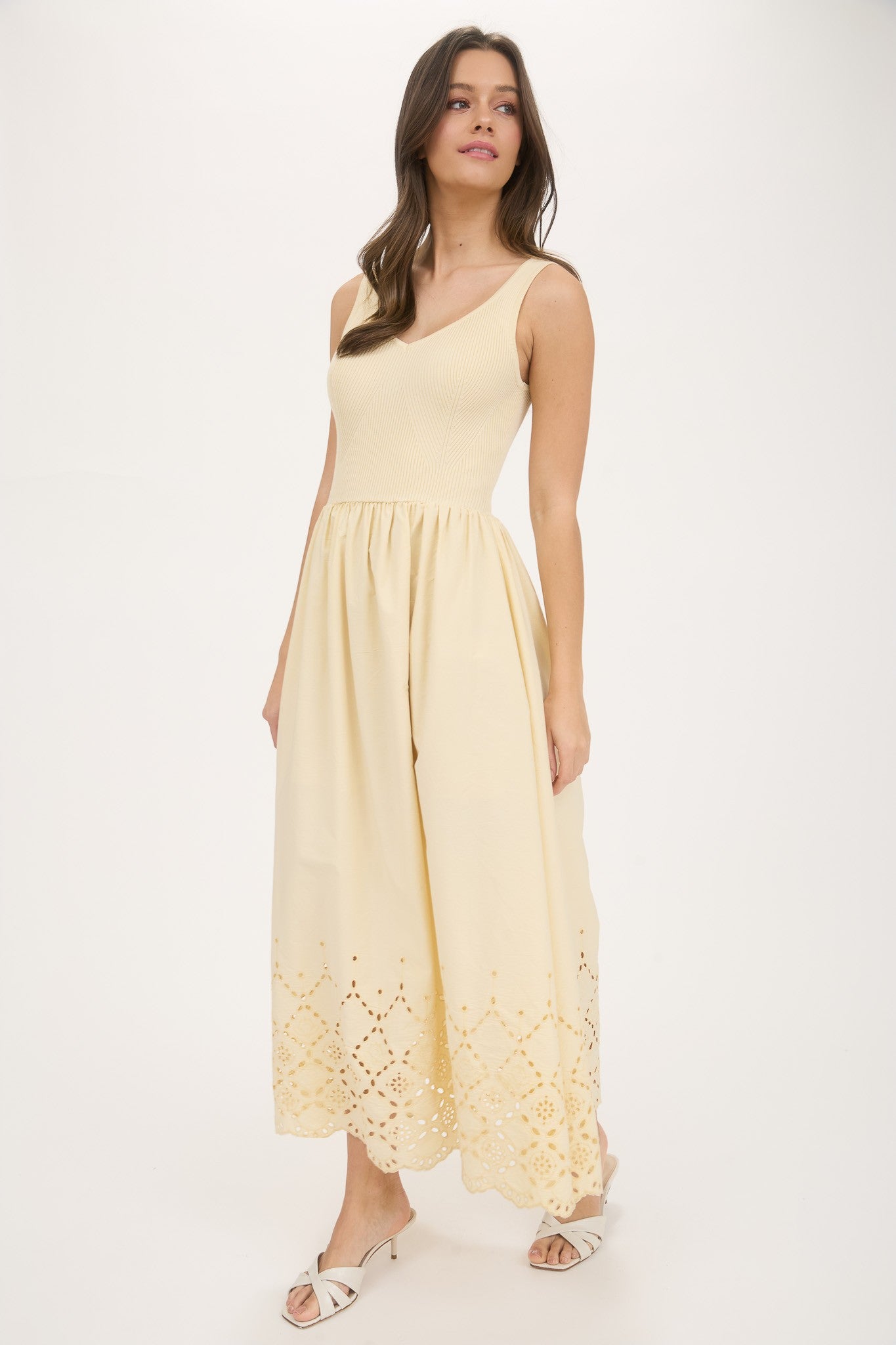 Eyelet Hem Detail Mix Media Tank Midi Dress