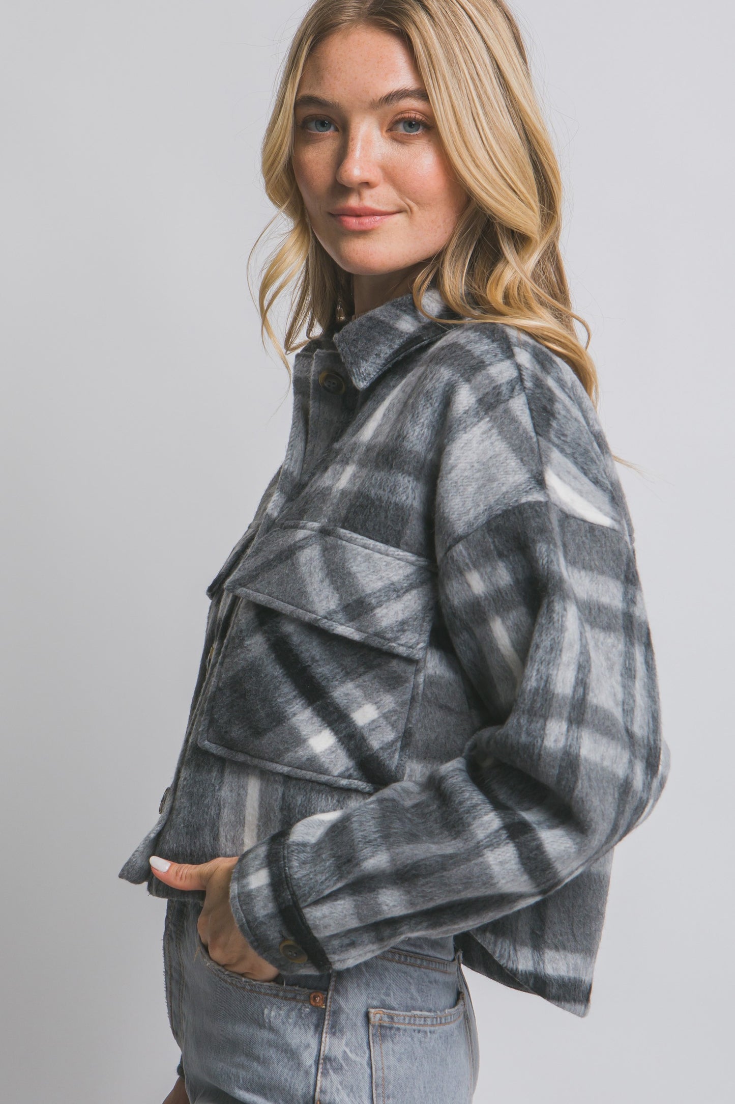 Plaid Fleece Cropped Jacket