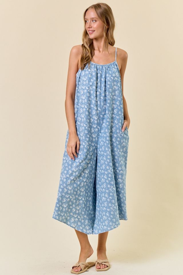 Floral Chambray Denim Jumpsuit in Lt. Blue