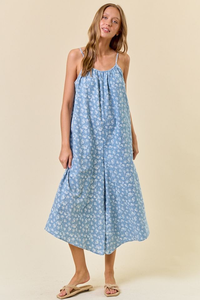 Floral Chambray Denim Jumpsuit in Lt. Blue