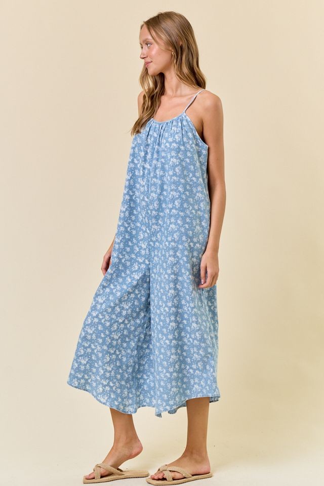 Floral Chambray Denim Jumpsuit in Lt. Blue