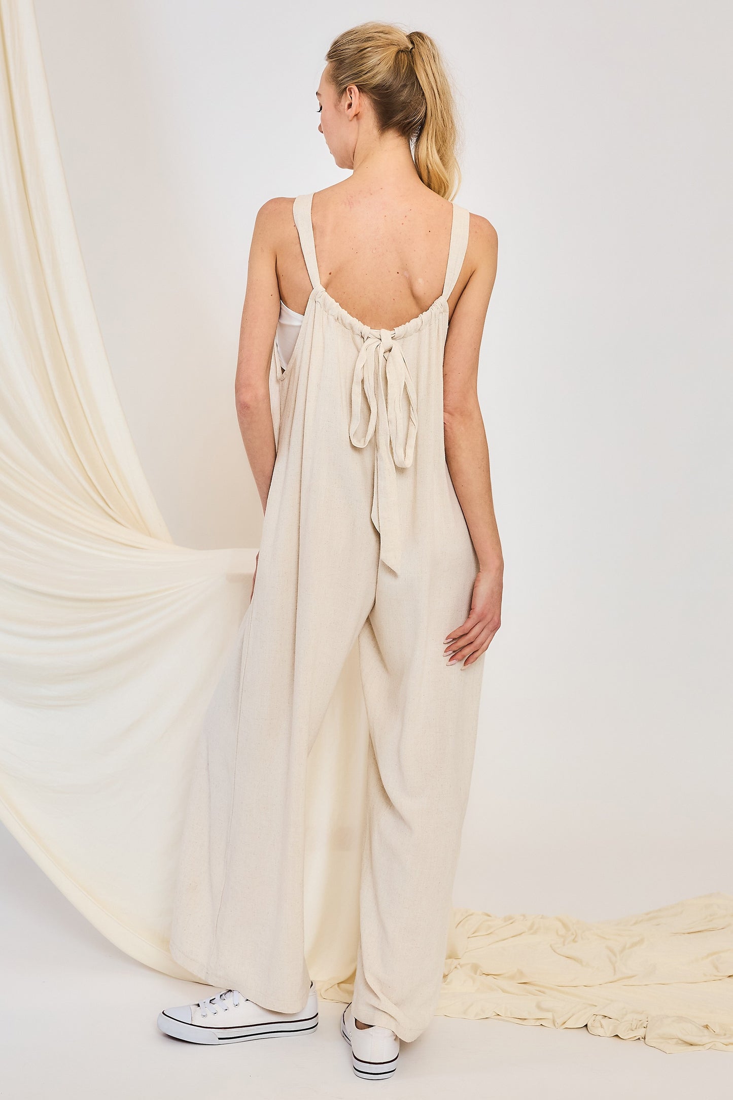 Linen Blend Back Tie Jumpsuit in Oatmeal