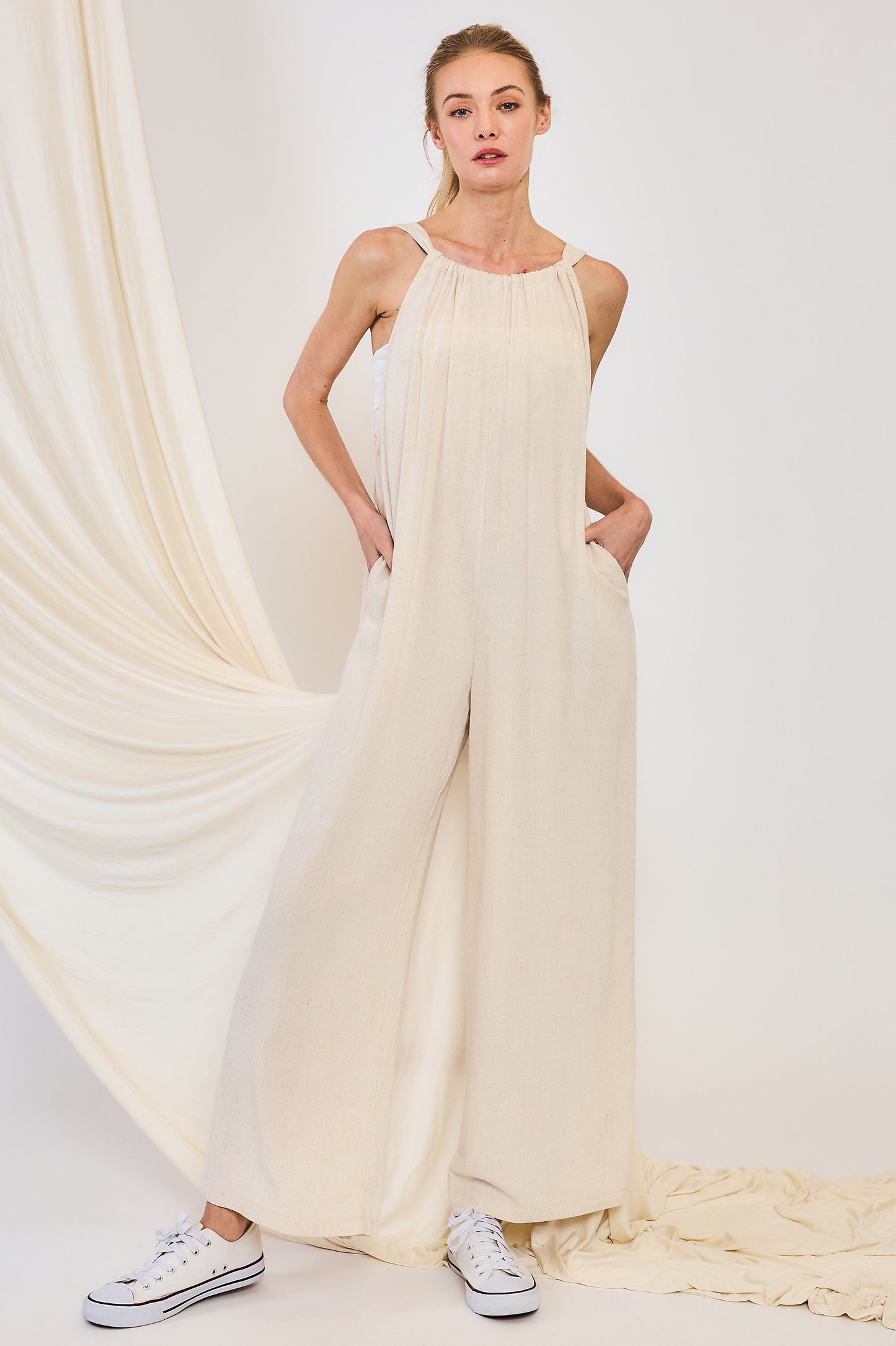 Linen Blend Back Tie Jumpsuit in Oatmeal