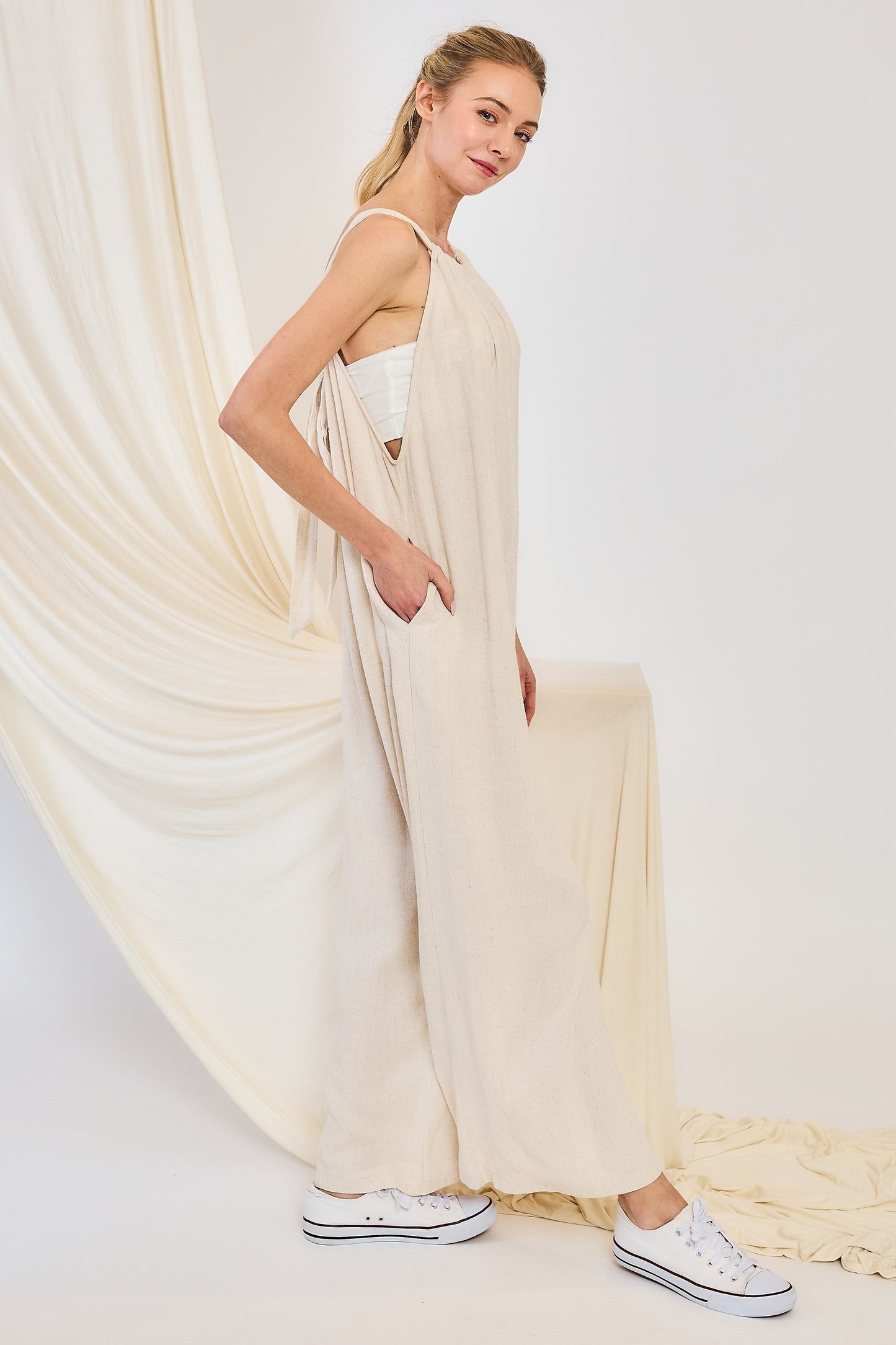 Linen Blend Back Tie Jumpsuit in Oatmeal