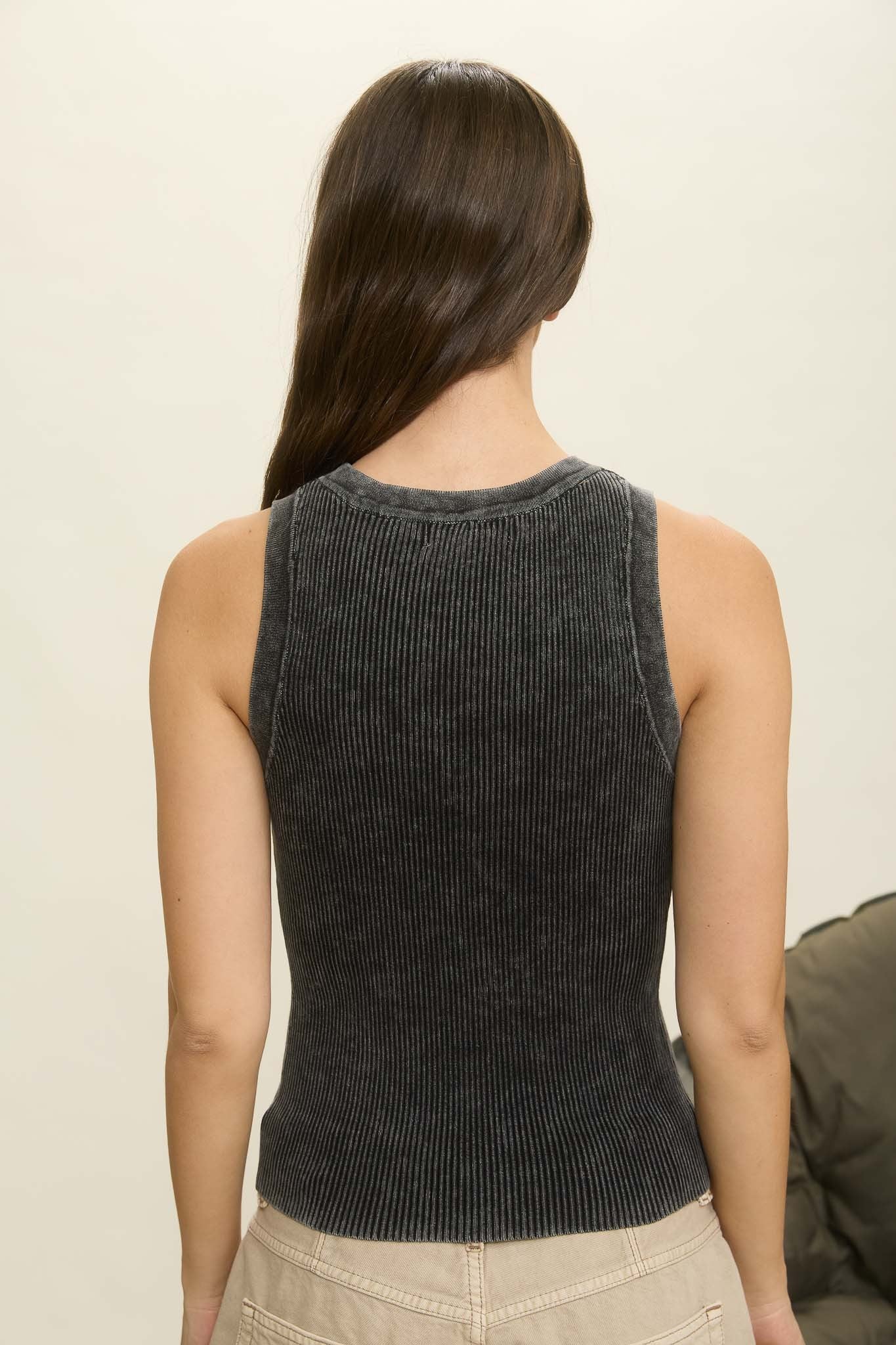 Washed Ribbed Sleeveless Knit Tank Top