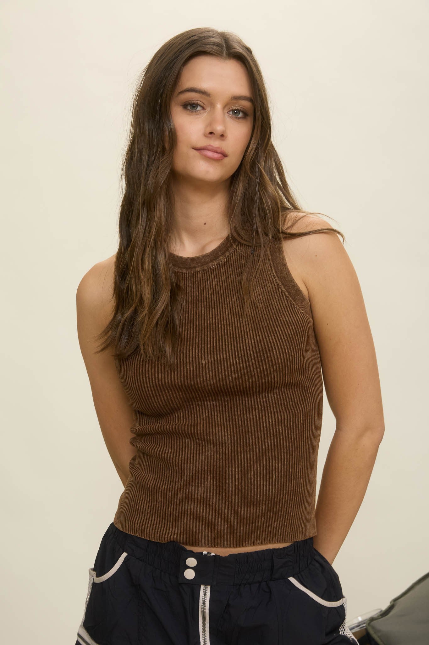 Washed Ribbed Sleeveless Knit Tank Top