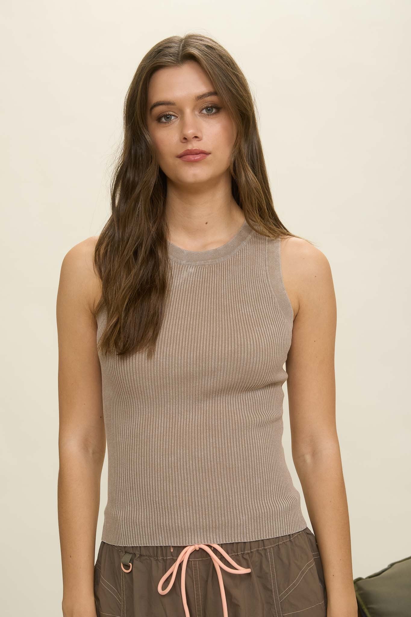 Washed Ribbed Sleeveless Knit Tank Top