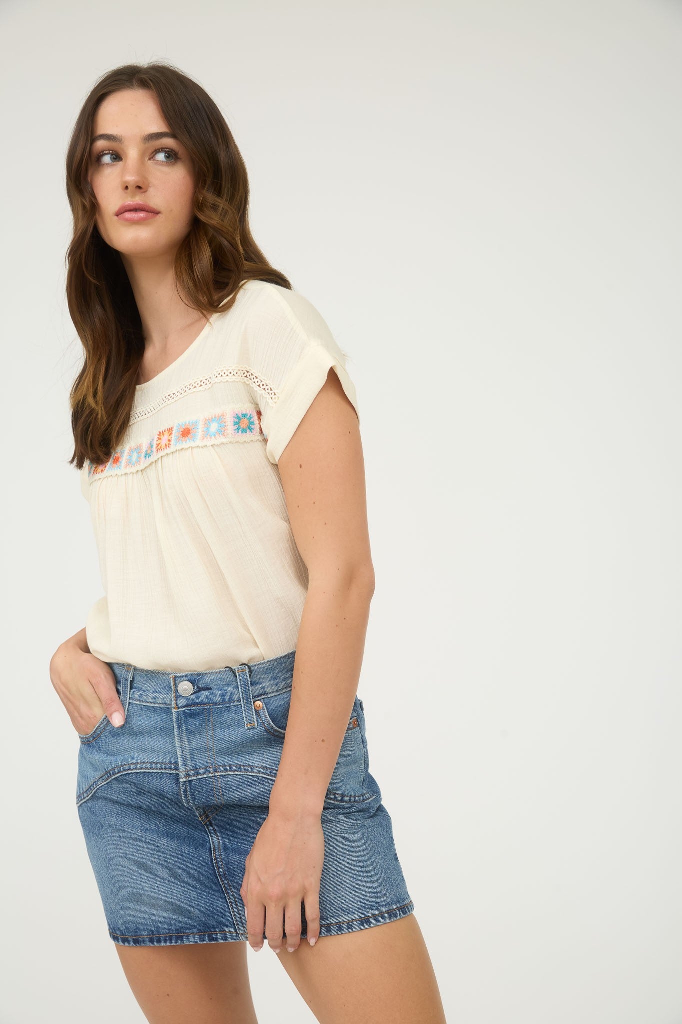 Crochet Detail Lace Trim Top in Cream