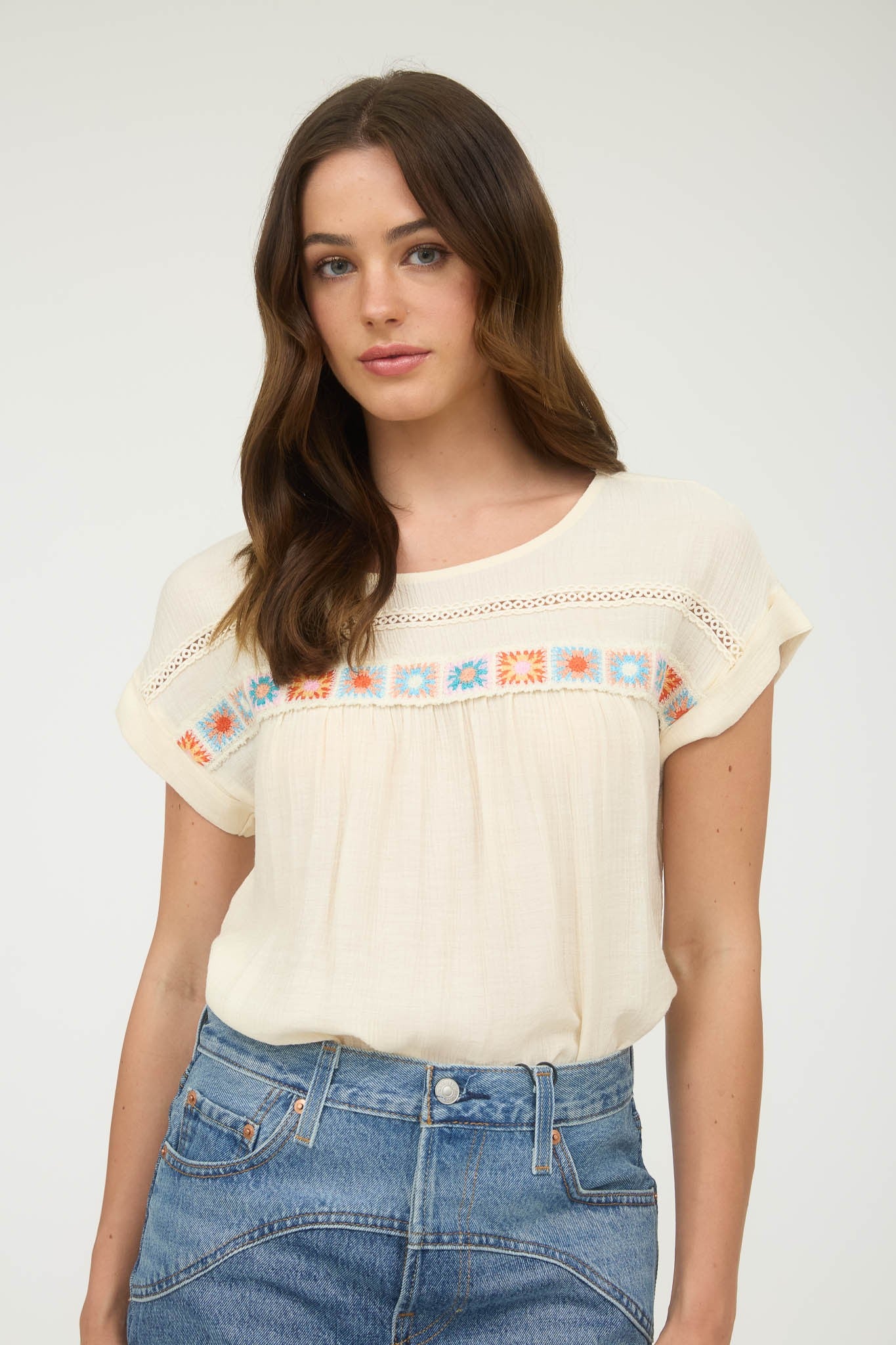 Crochet Detail Lace Trim Top in Cream