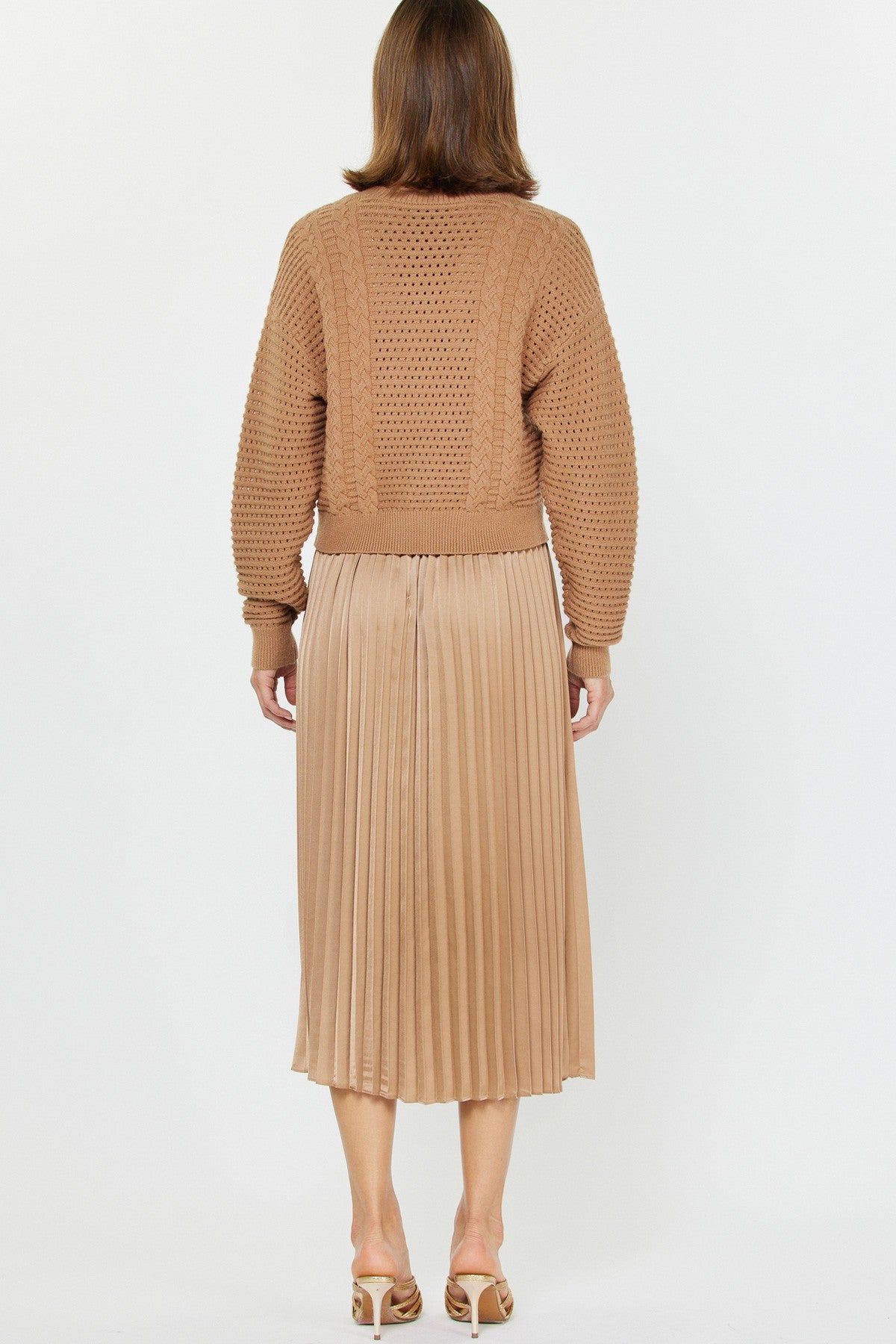 2 Piece Pleated Dress & Sweater in Tan