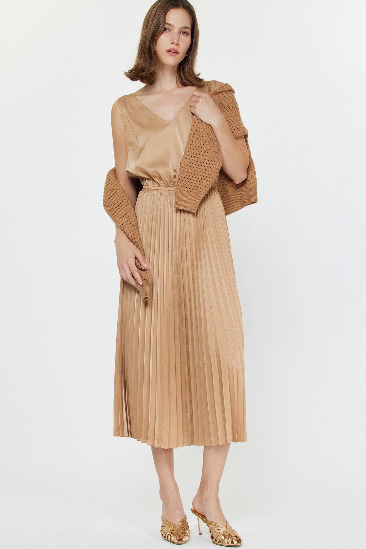 2 Piece Pleated Dress & Sweater in Tan