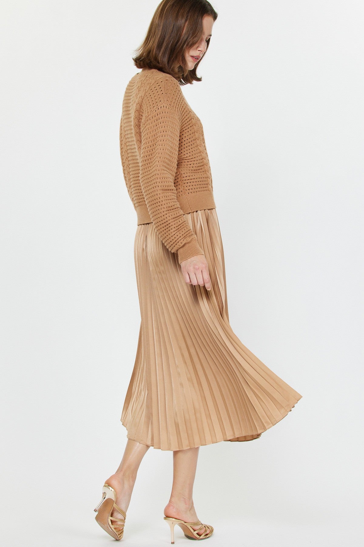 2 Piece Pleated Dress & Sweater in Tan