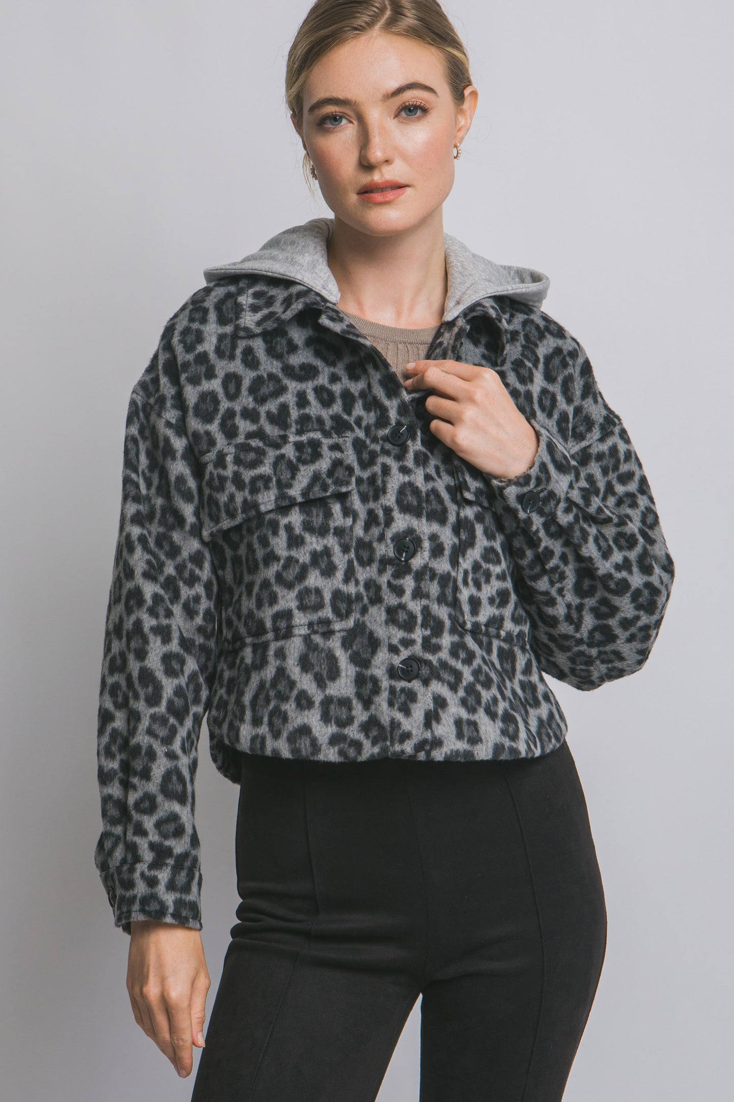 Leopard Fleece Jacket w/ Removable Hoodie
