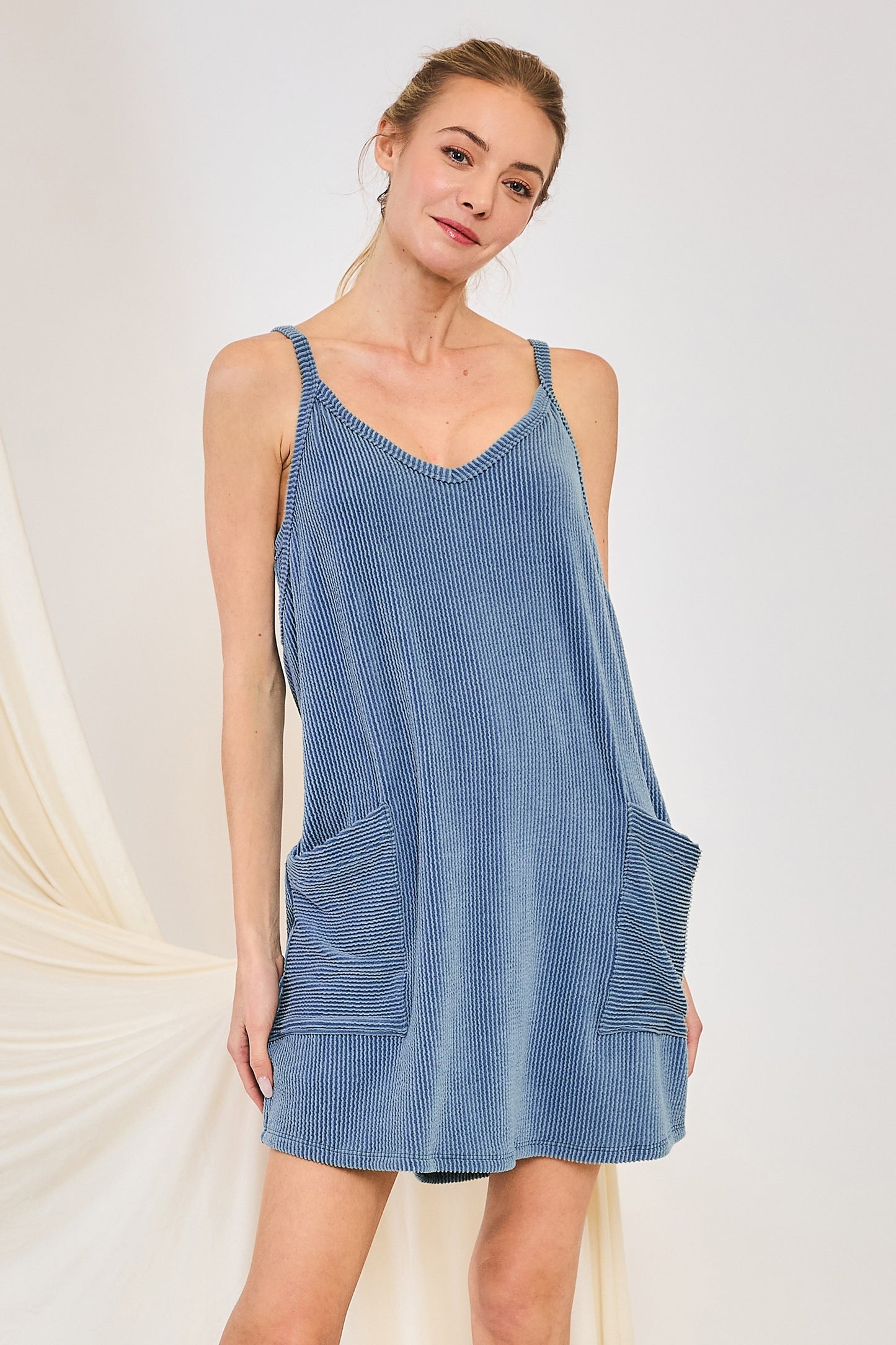 Wave Rib V-Neck Romper Dress