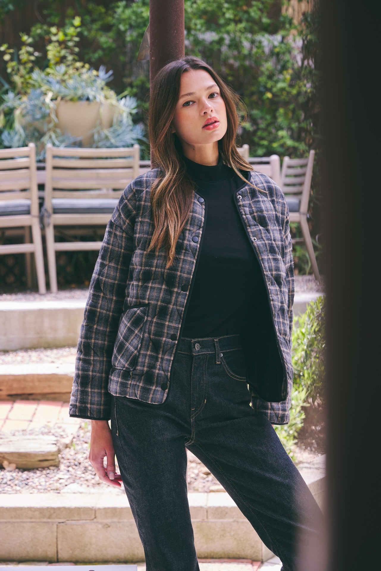 Quilted Plaid Button Up Jacket