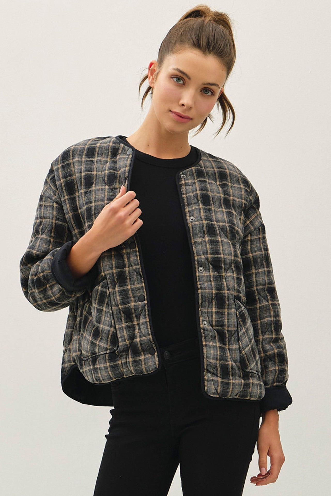 Quilted Plaid Button Up Jacket