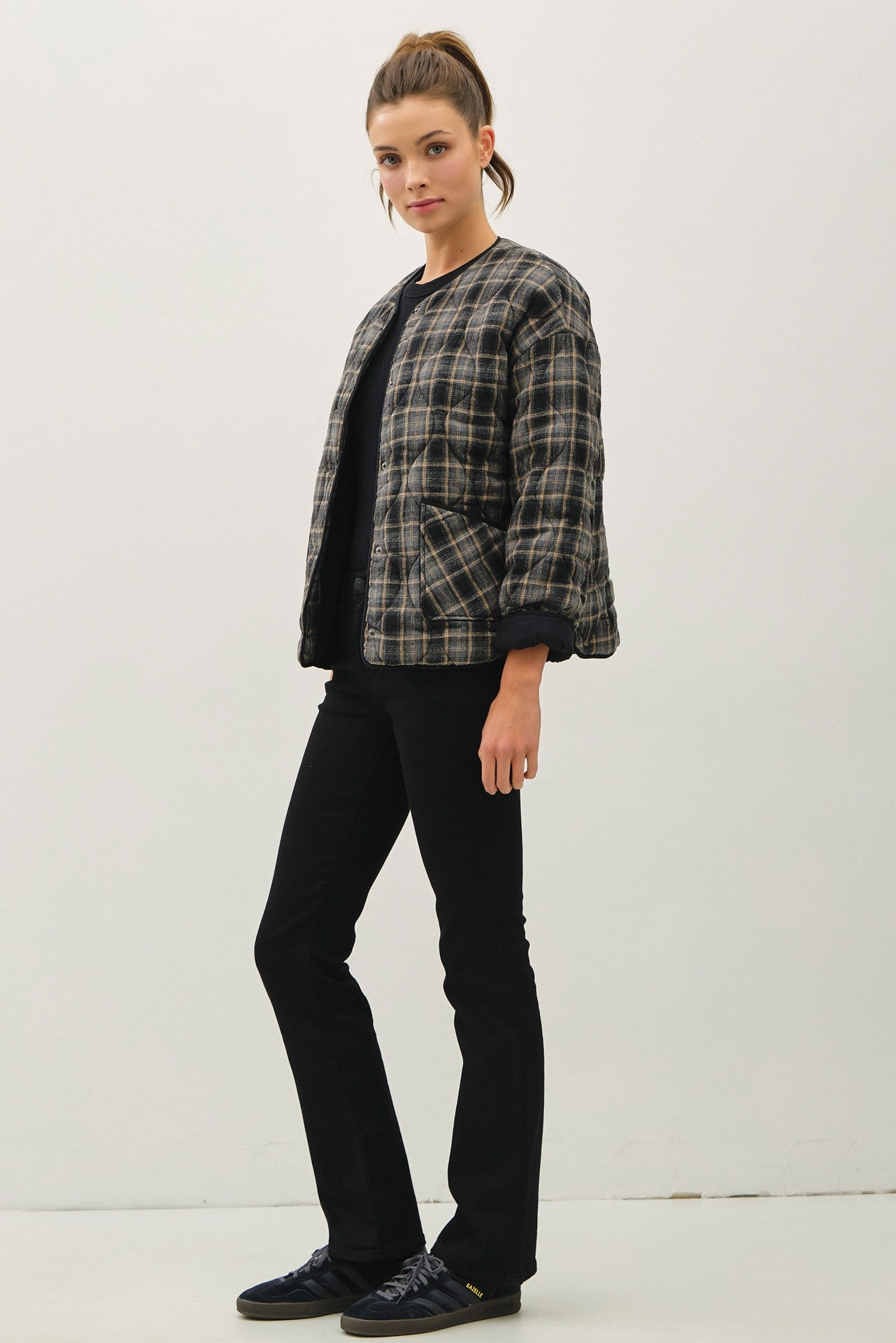Quilted Plaid Button Up Jacket