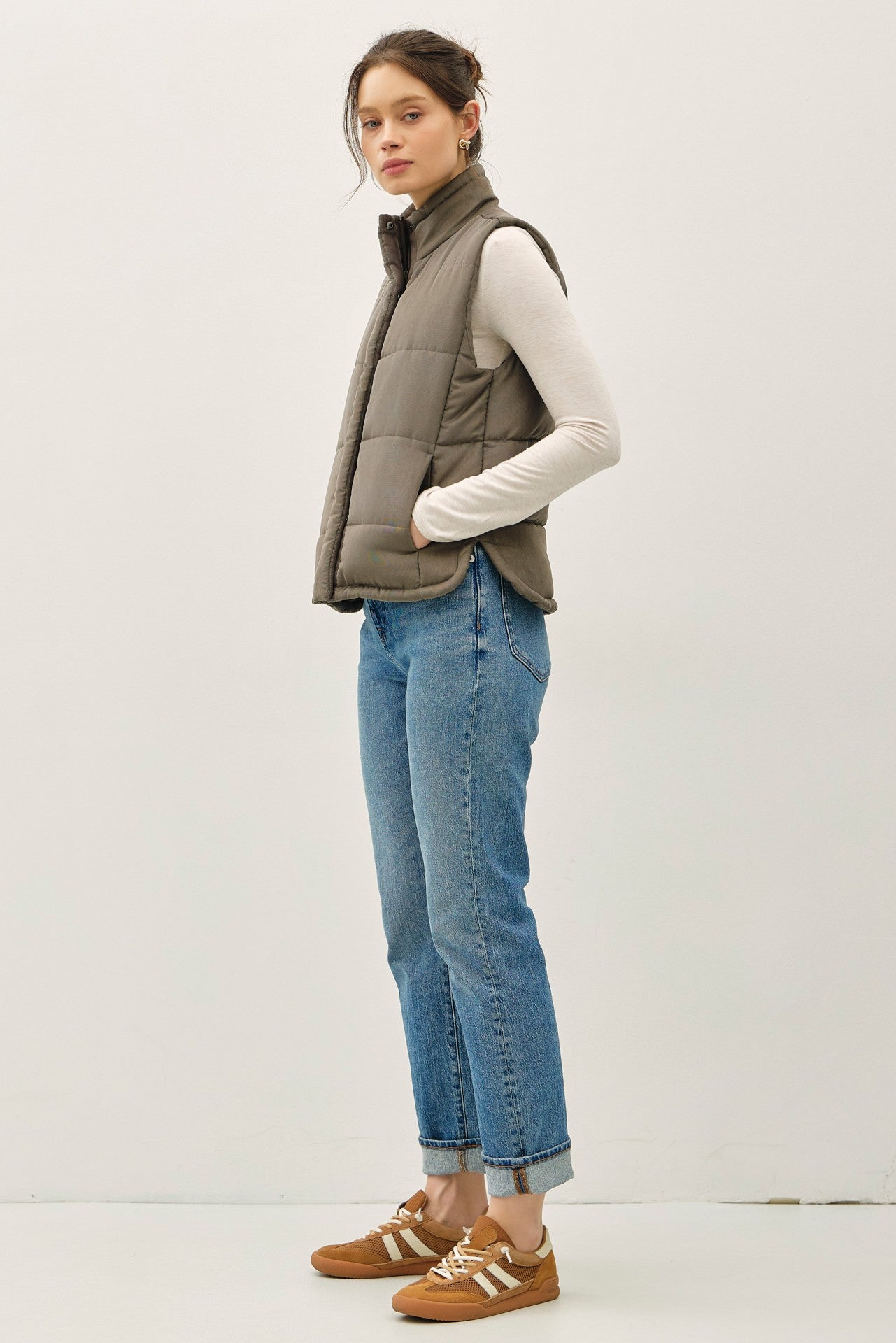 Suede Like Puffer Vest in Olive