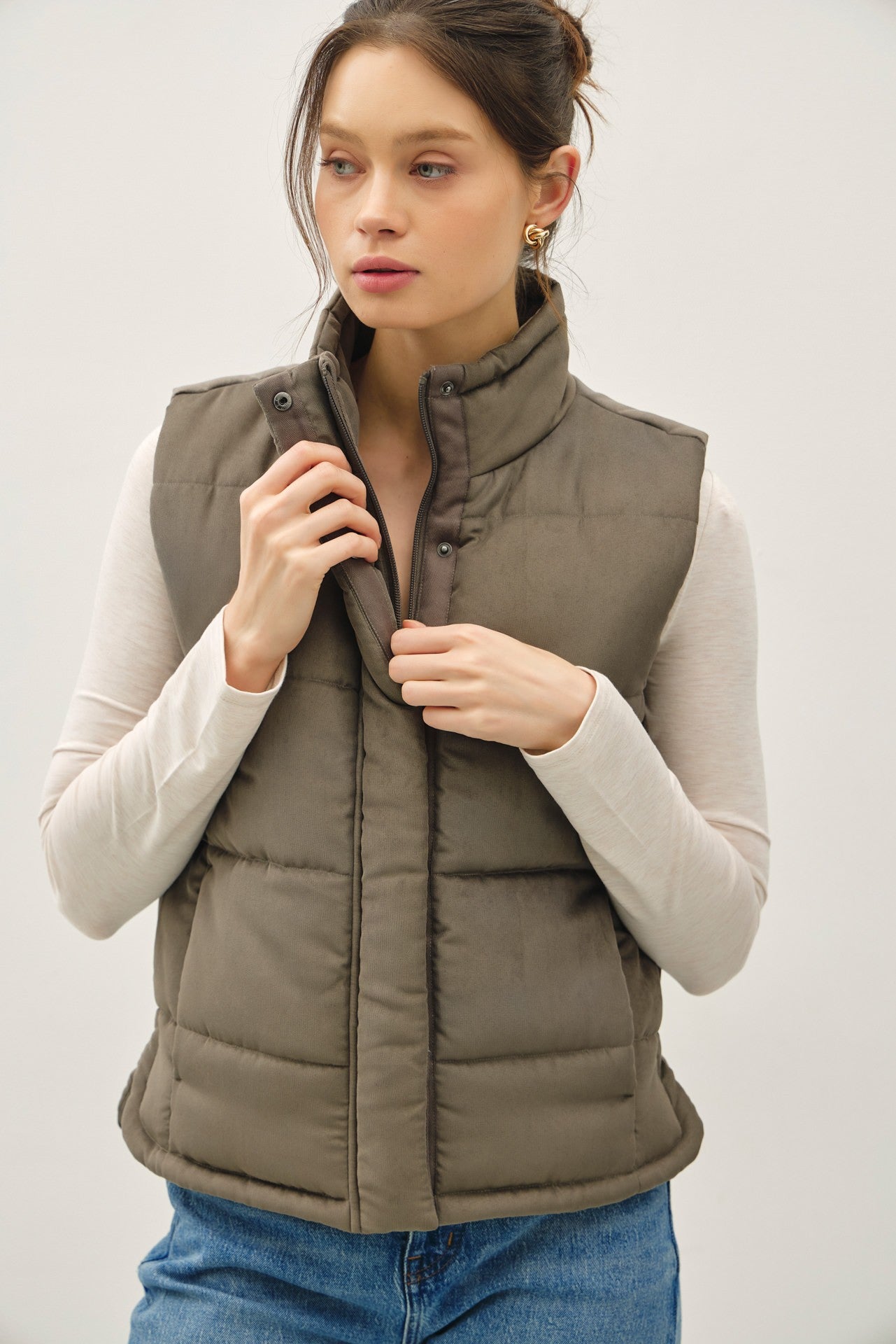 Suede Like Puffer Vest in Olive