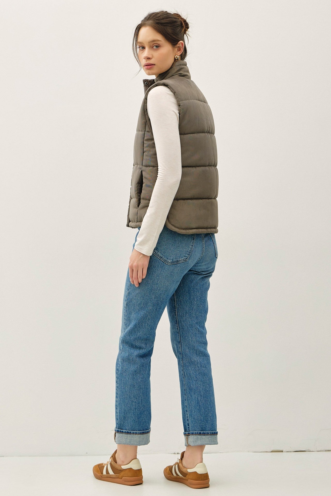 Suede Like Puffer Vest in Olive