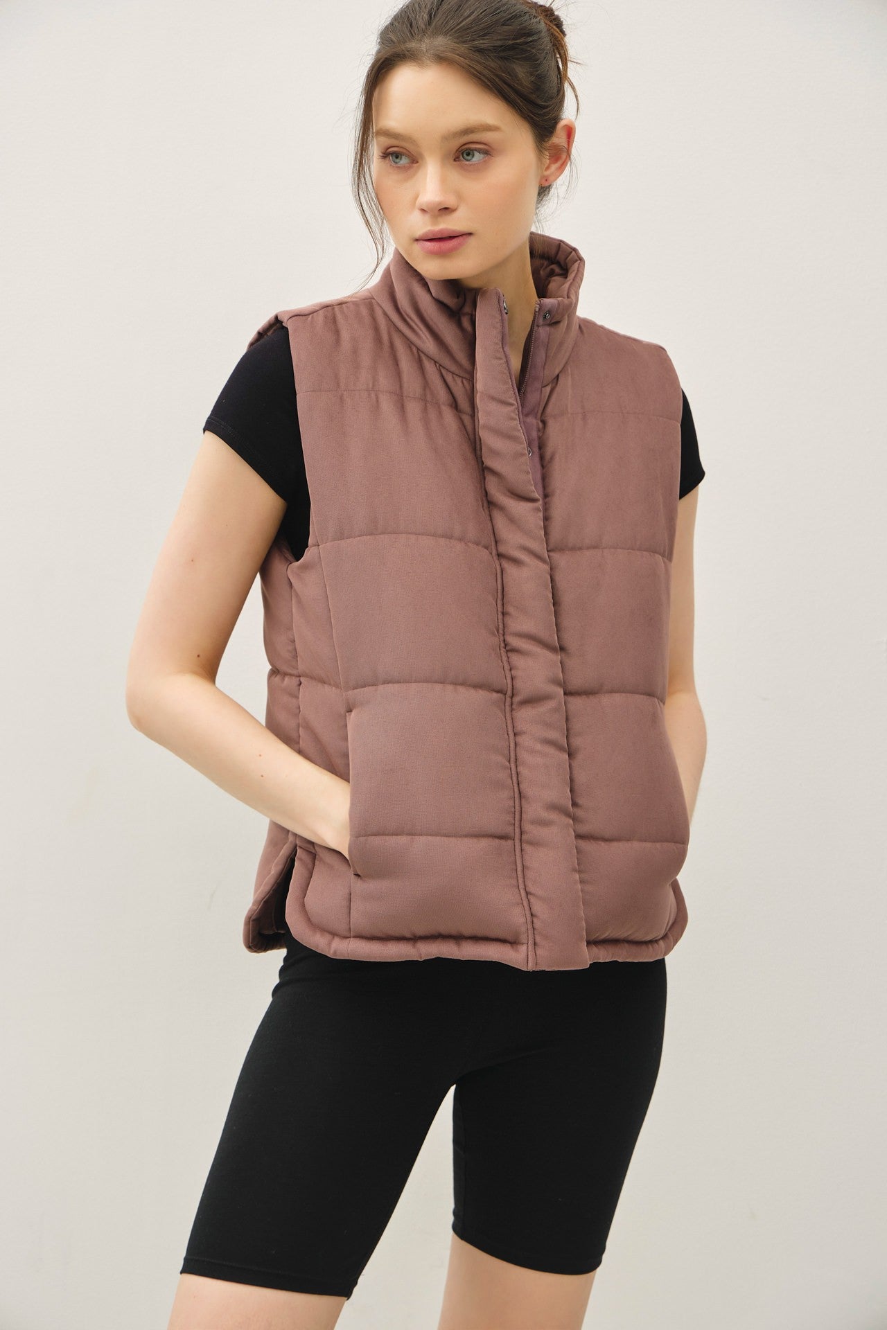 Suede Like Puffer Vest in Coco