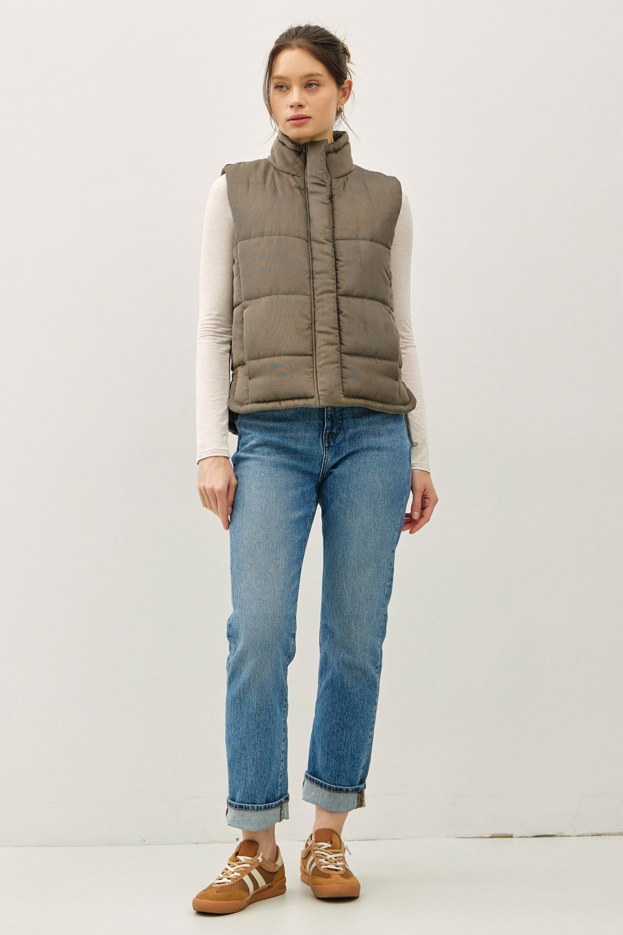 Suede Like Puffer Vest in Olive