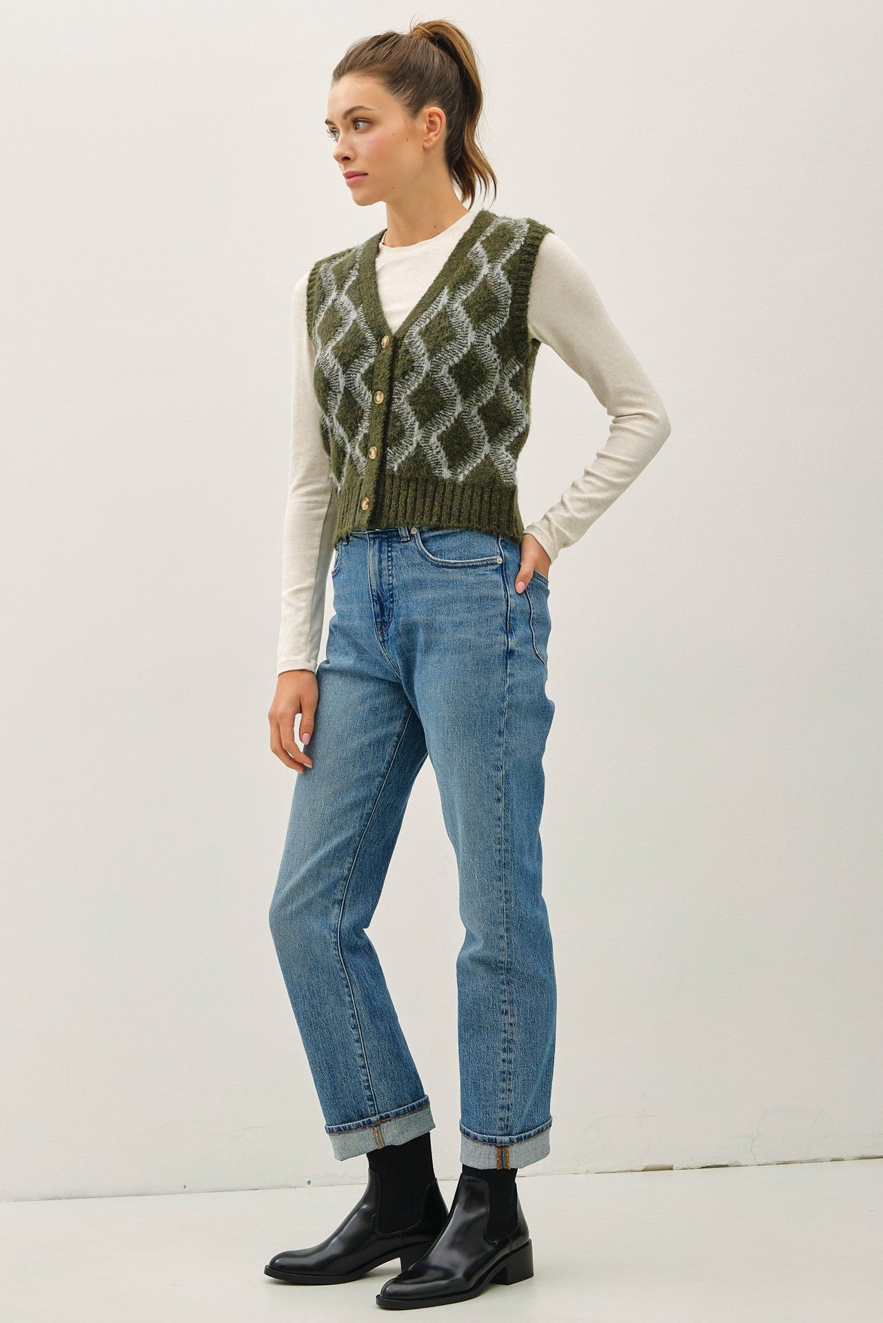 Argyle Sweater Vest in Winter Green