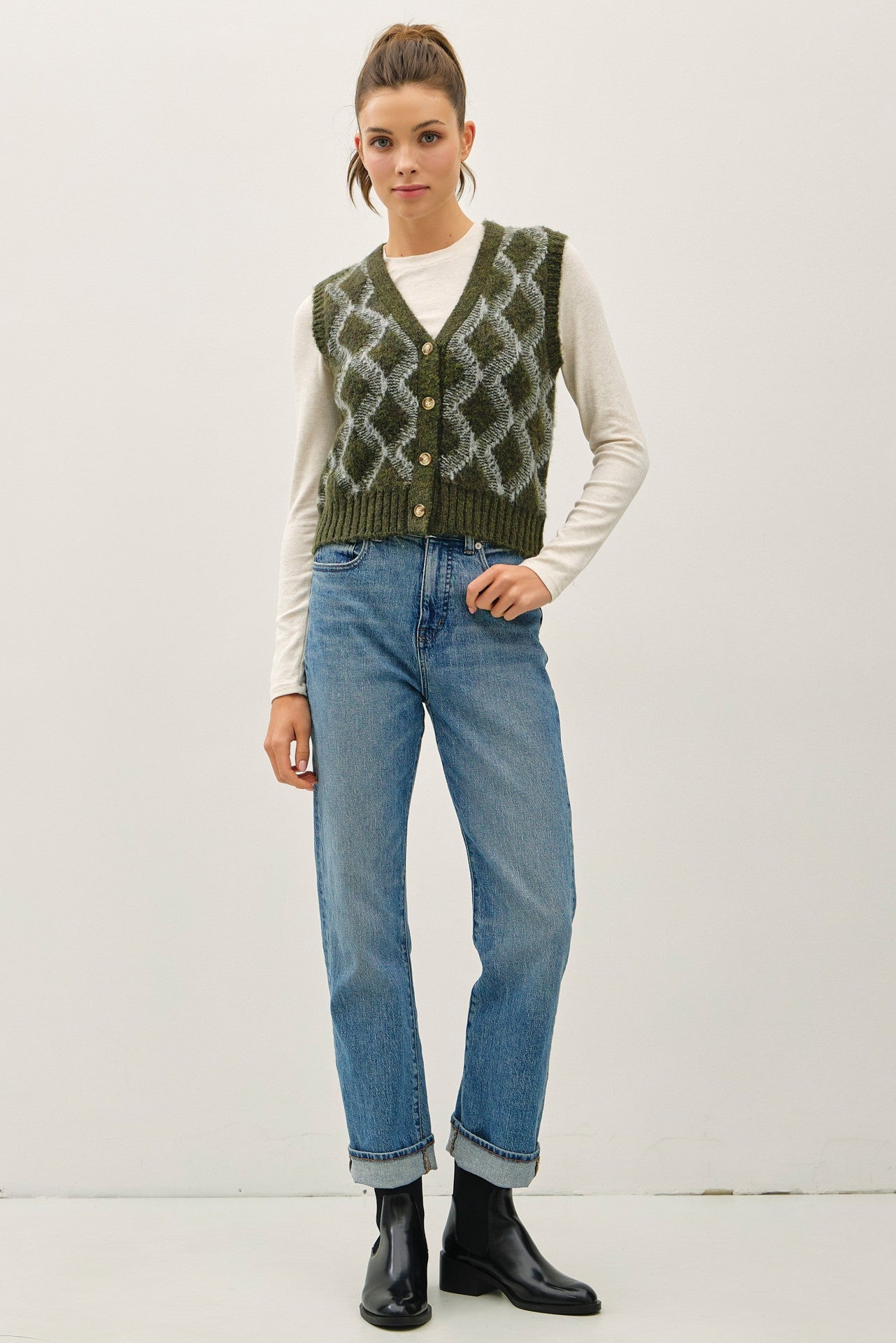 Argyle Sweater Vest in Winter Green