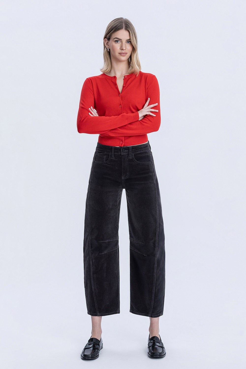 High Rise Crop Corduroy Barrel Jeans