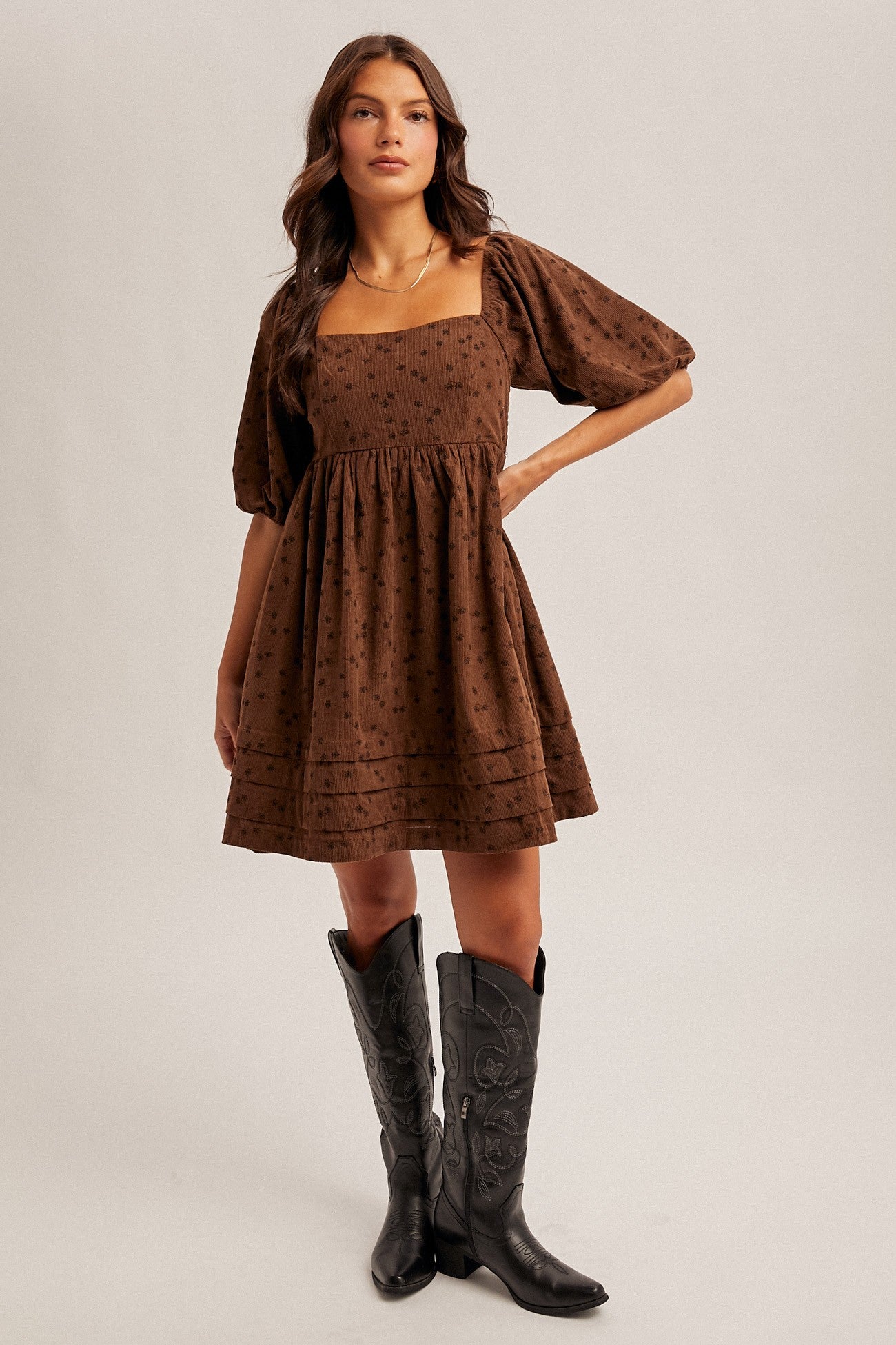 Floral Corduroy Babydoll Dress in Chocolate