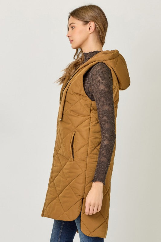 Quilted Puffer Long Hoodie Vest