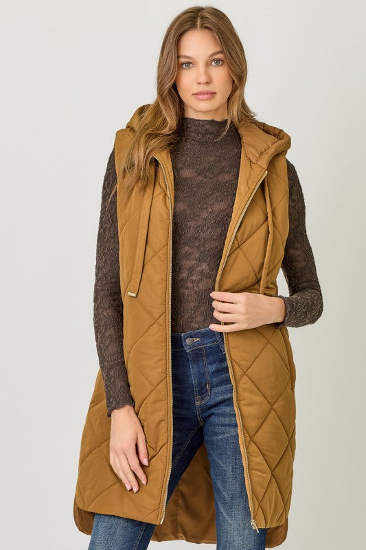 Quilted Puffer Long Hoodie Vest
