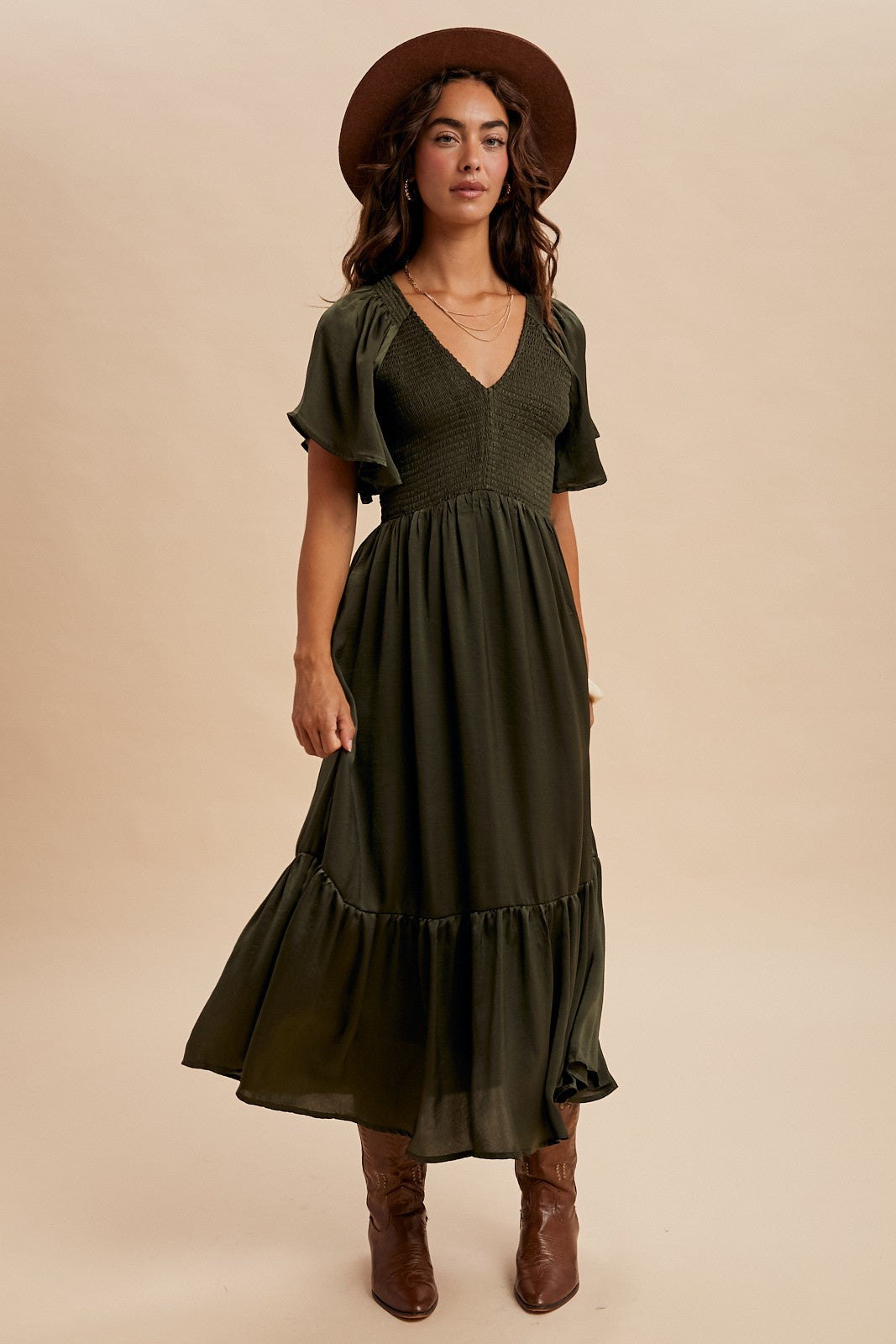 Satin Midi Dress in Olive