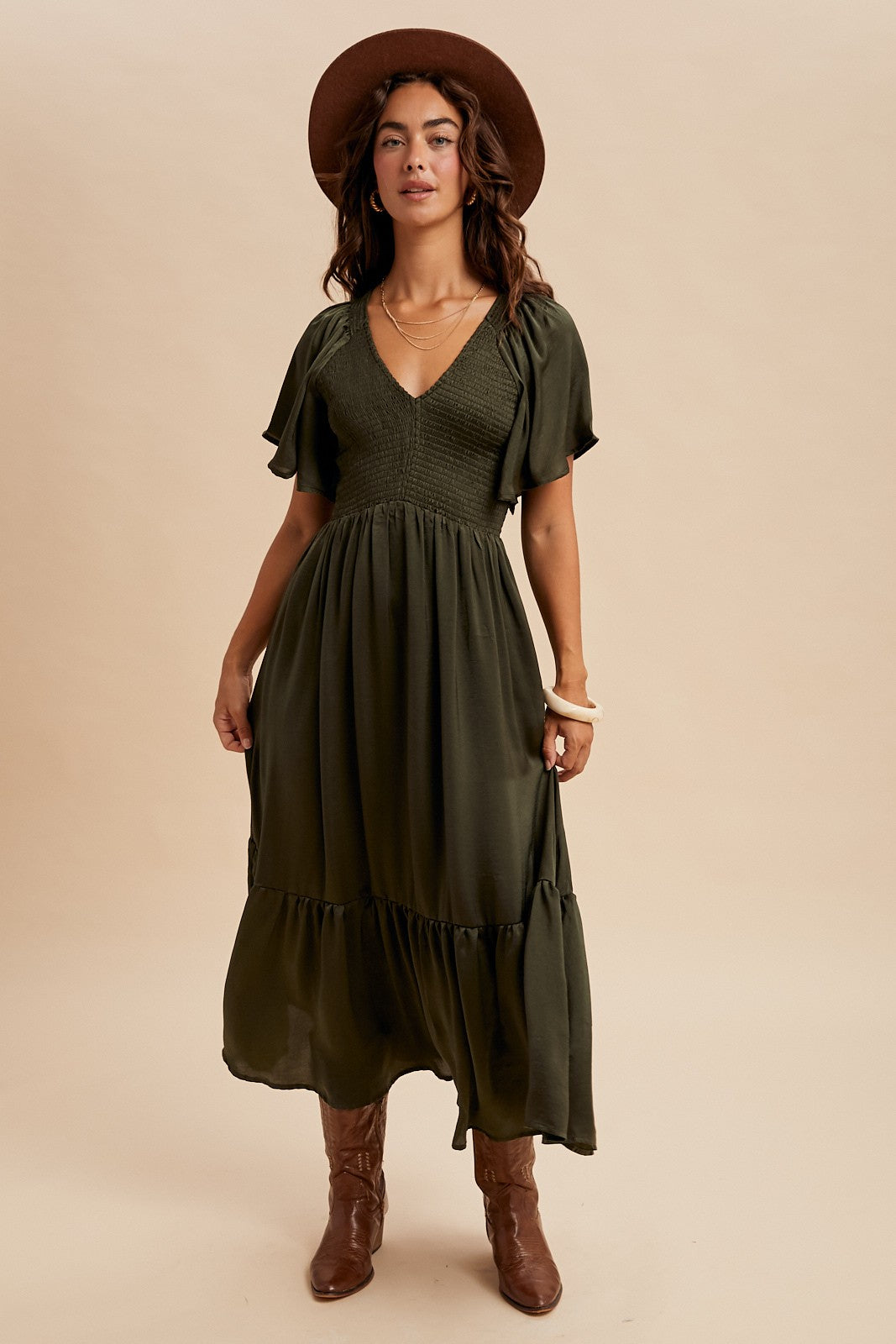 Satin Midi Dress in Olive