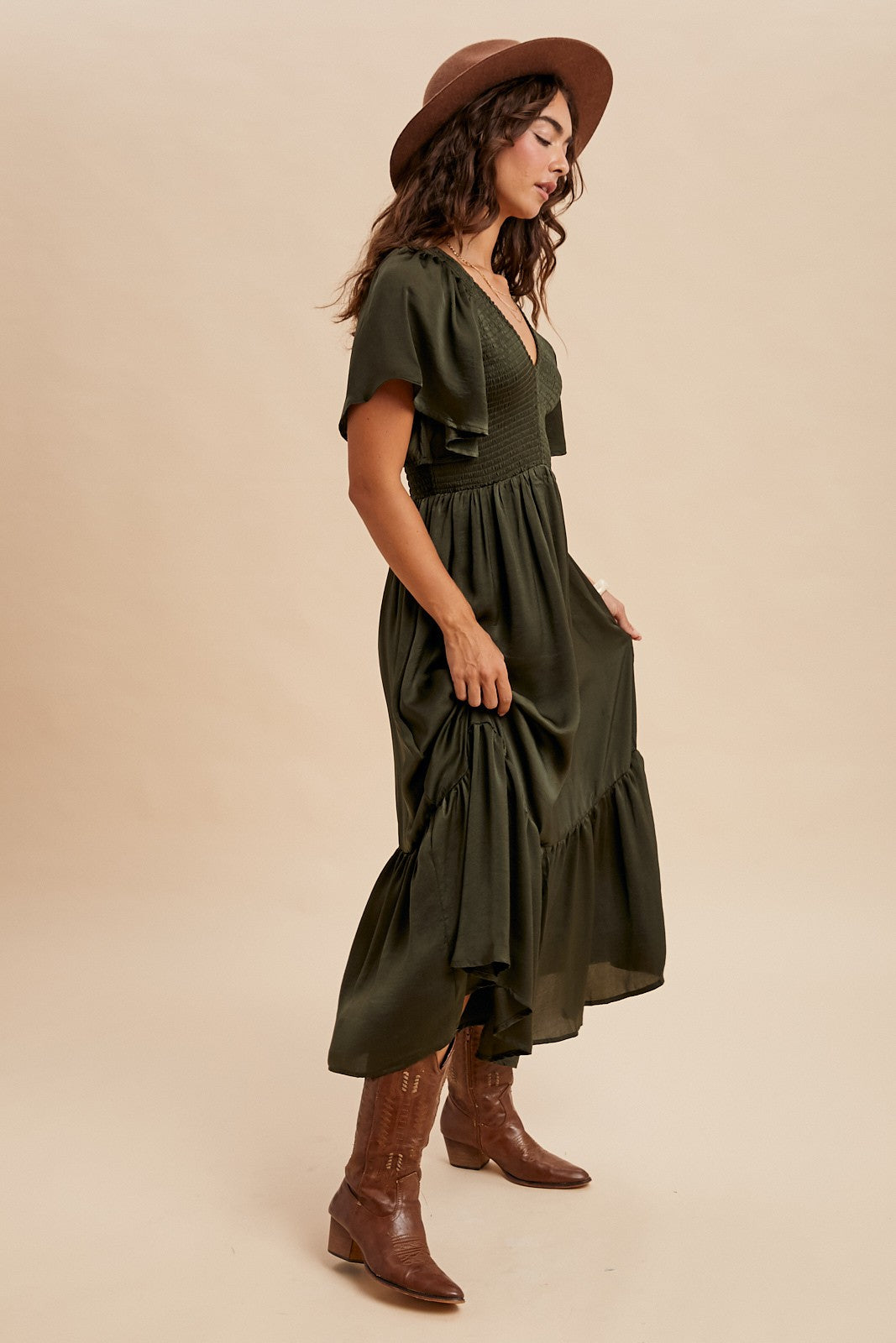 Satin Midi Dress in Olive